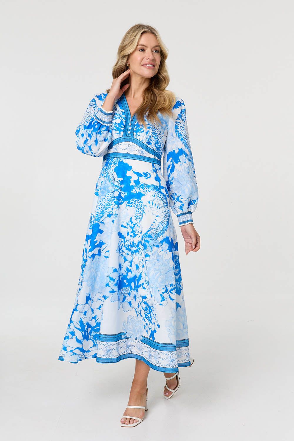 Izabel London Floral Long Sleeve A-Line Maxi Dress