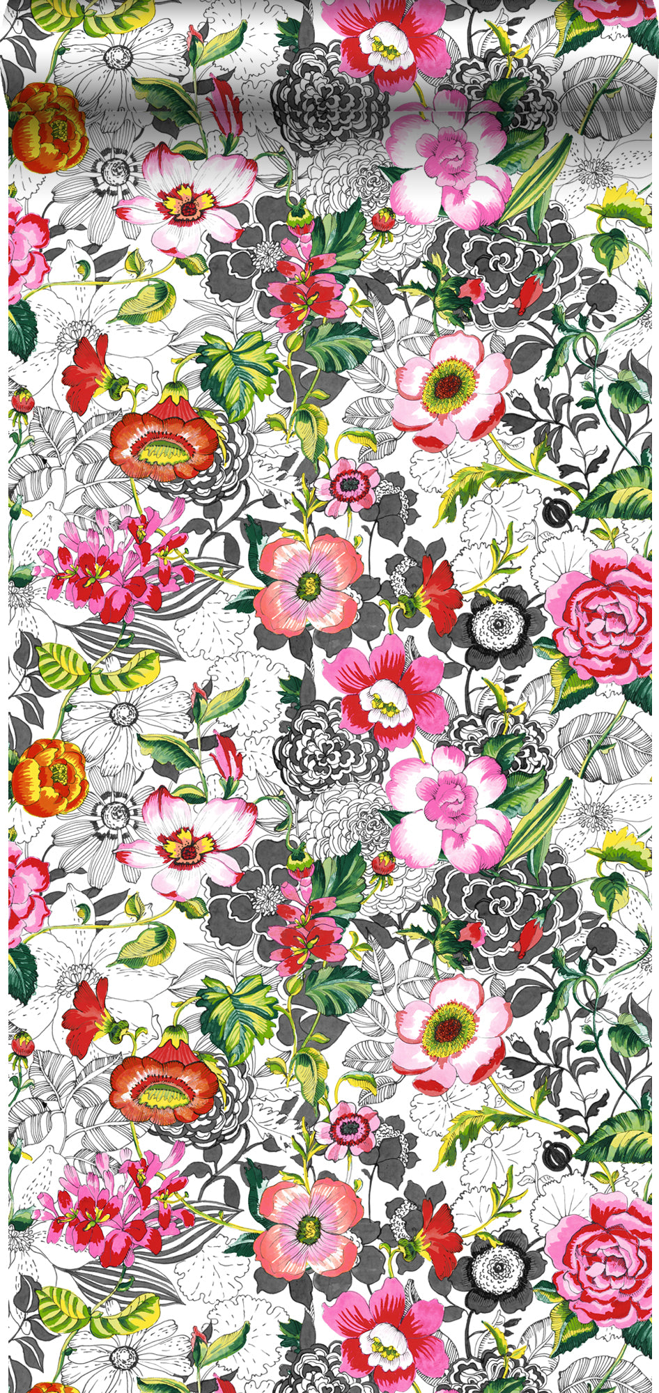 ESTAhome XXL behang funky bloemen roze, rood, groen, zwart en wit - 50 x 900 cm - 158501