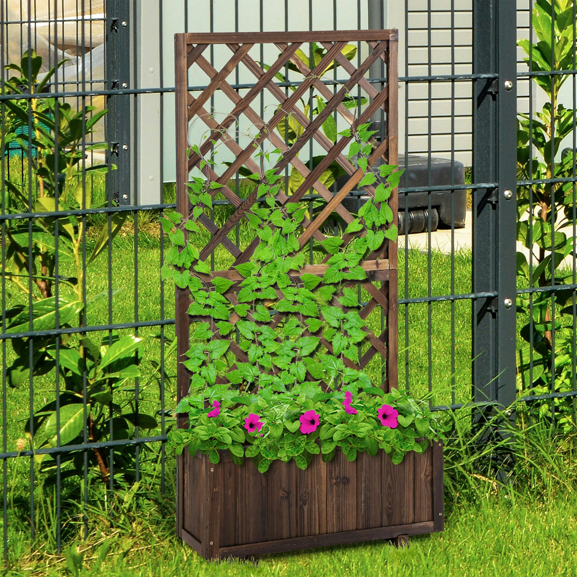 - Jardinière avec treillis bois sapin traité carbonisation