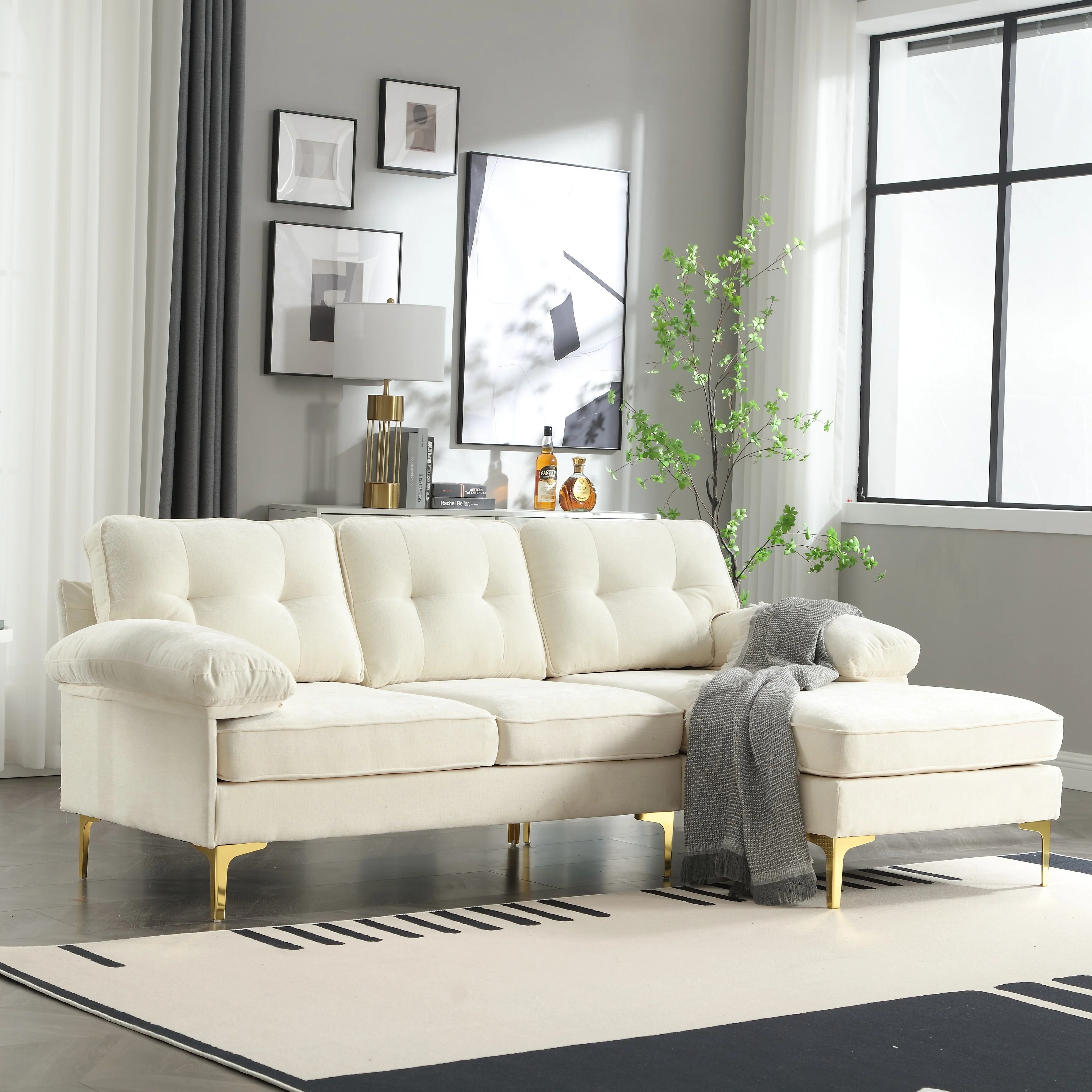 85'' L-Shaped Fabric 3-Seater Sofa with High-Quality Wood Frame, Spring Cushions, and Waist Pillows