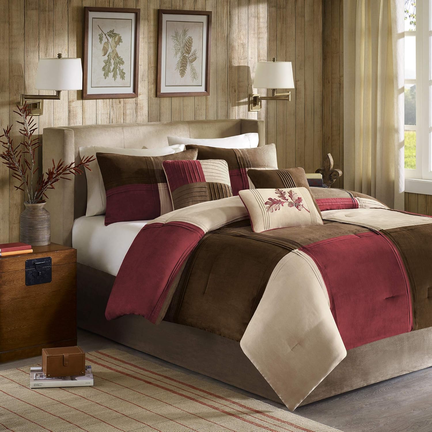 Madison Park Cozy Comforter Set Casual Blocks Design All Season, Matching Bed Skirt, Decorative Pillows, King(104x92), Red Brown, 7 Piece