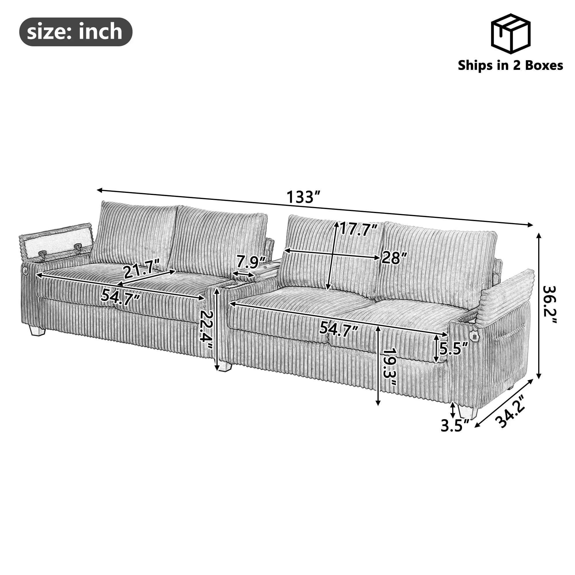 4-seater Corduroy Sofa Couch 133 Modern Sofa with USB Ports, Hidden Storage Arms, Flip-Top Cup Holders for Living Room