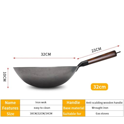 NNEOBA 32cm Hand-Forged Iron Wok Pure Iron Non-Coated Stir Fry Pan Brown