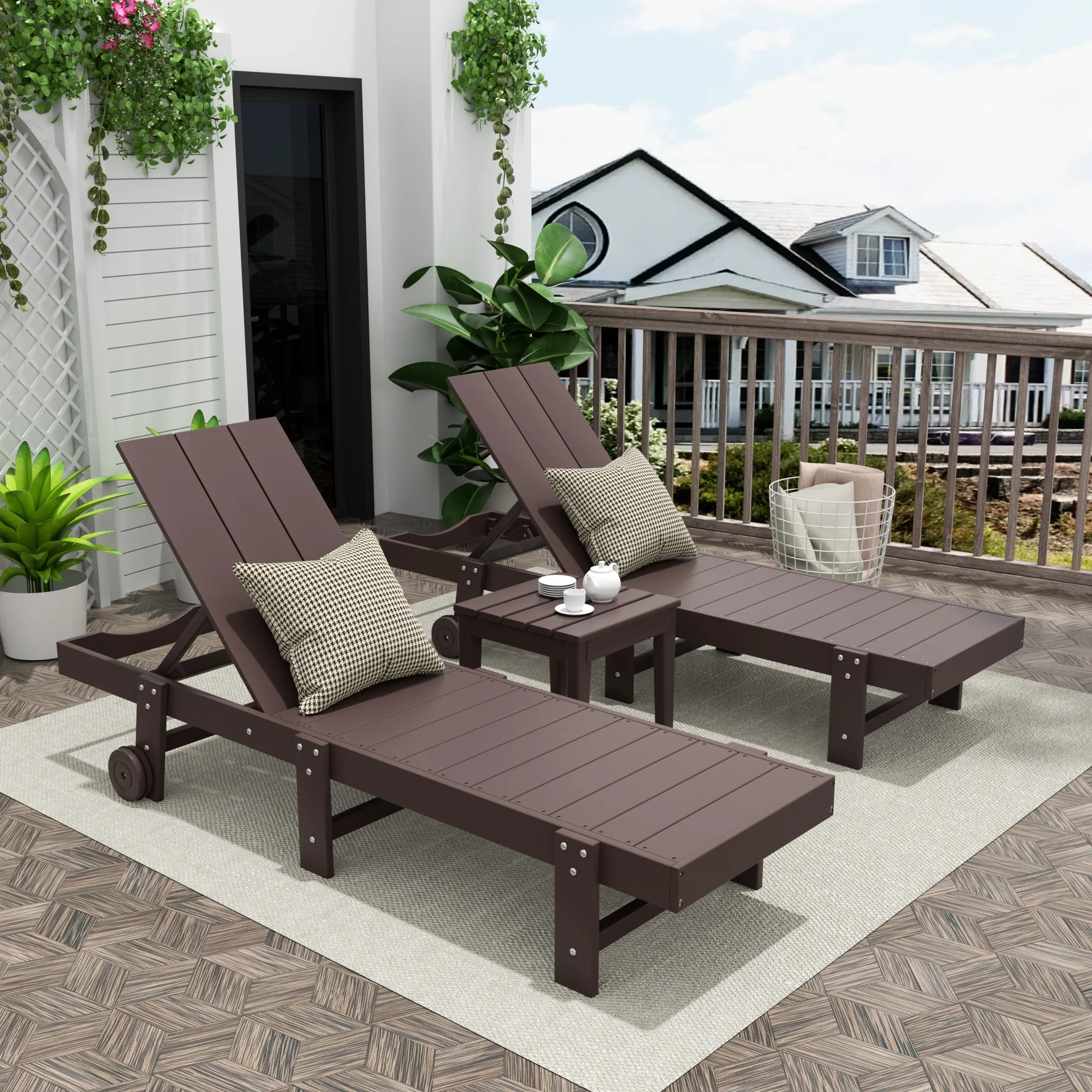 Polytrends Shoreside Modern Poly Eco-Friendly All Weather Reclining Chaise Lounge With Wheels and Side Table (2-Piece Set)