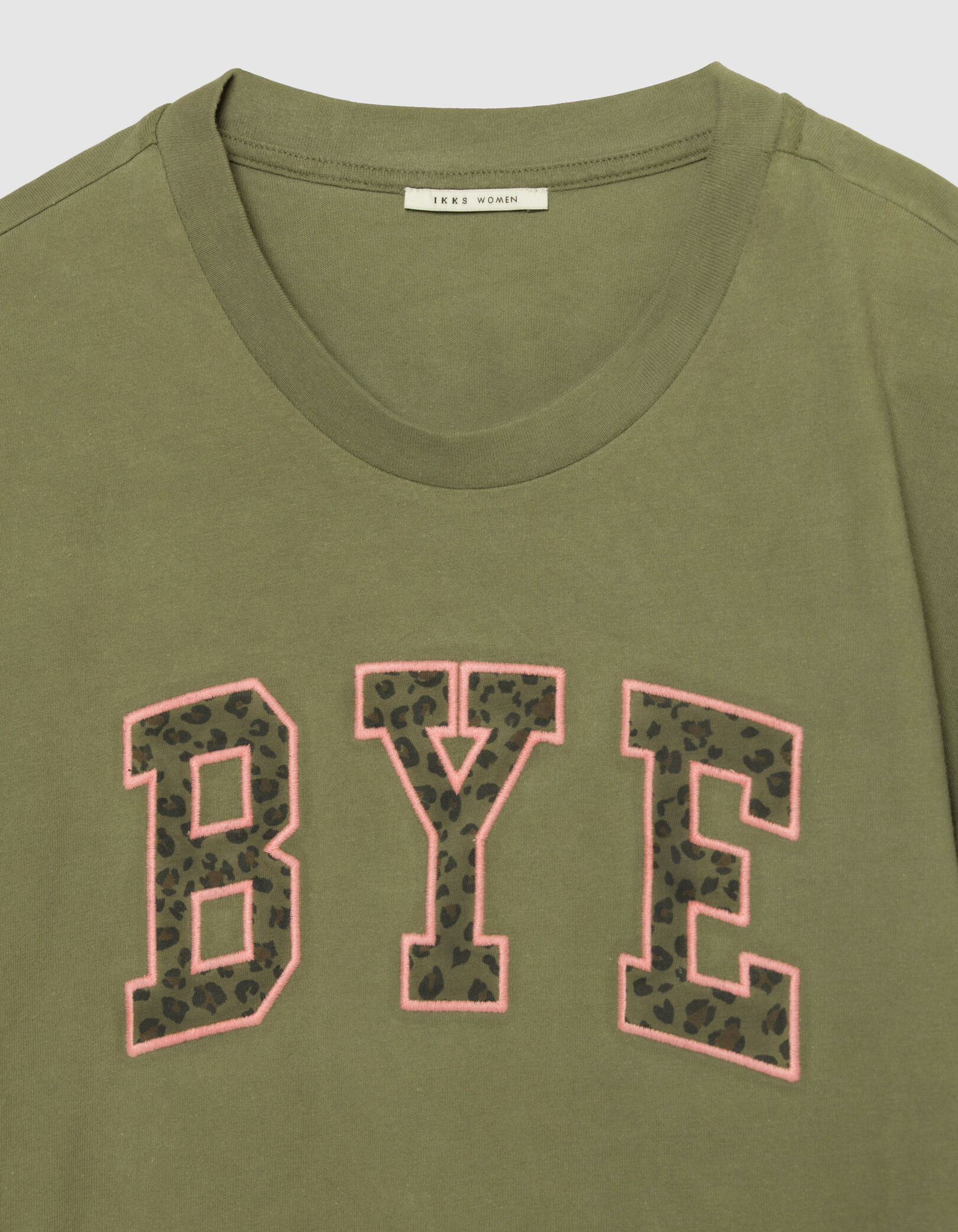 Tee-shirt kaki coton bio message léopard brodé Femme