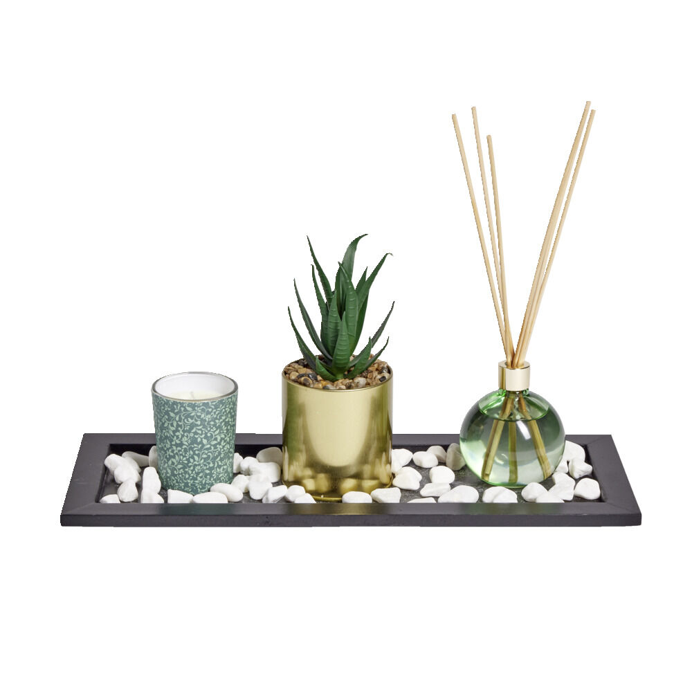 Coffret senteur bougie/plateau/diffuseur/plante artificielle