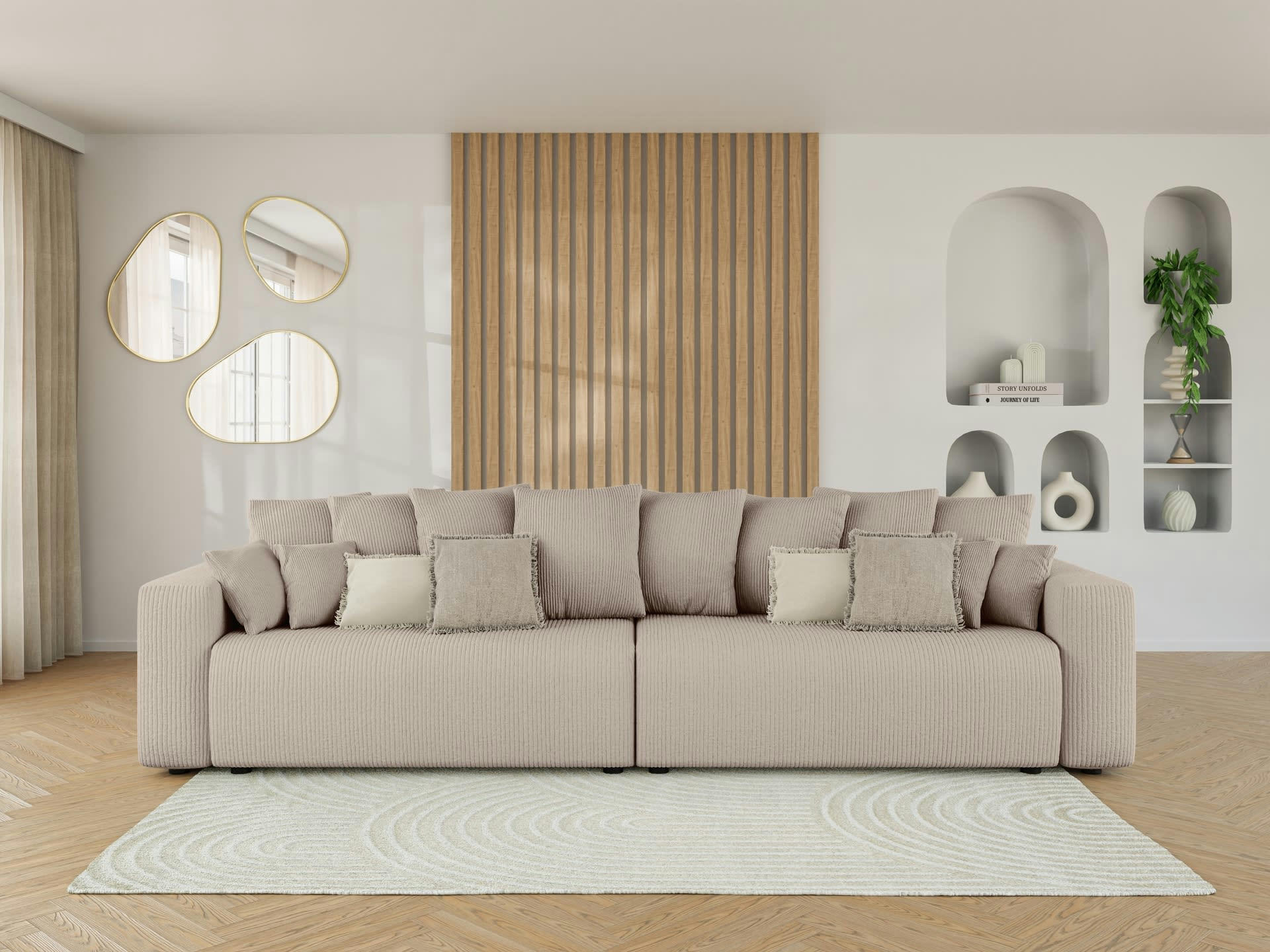 LEA - Canapé droit XL convertible en velours côtelé 5 places grège