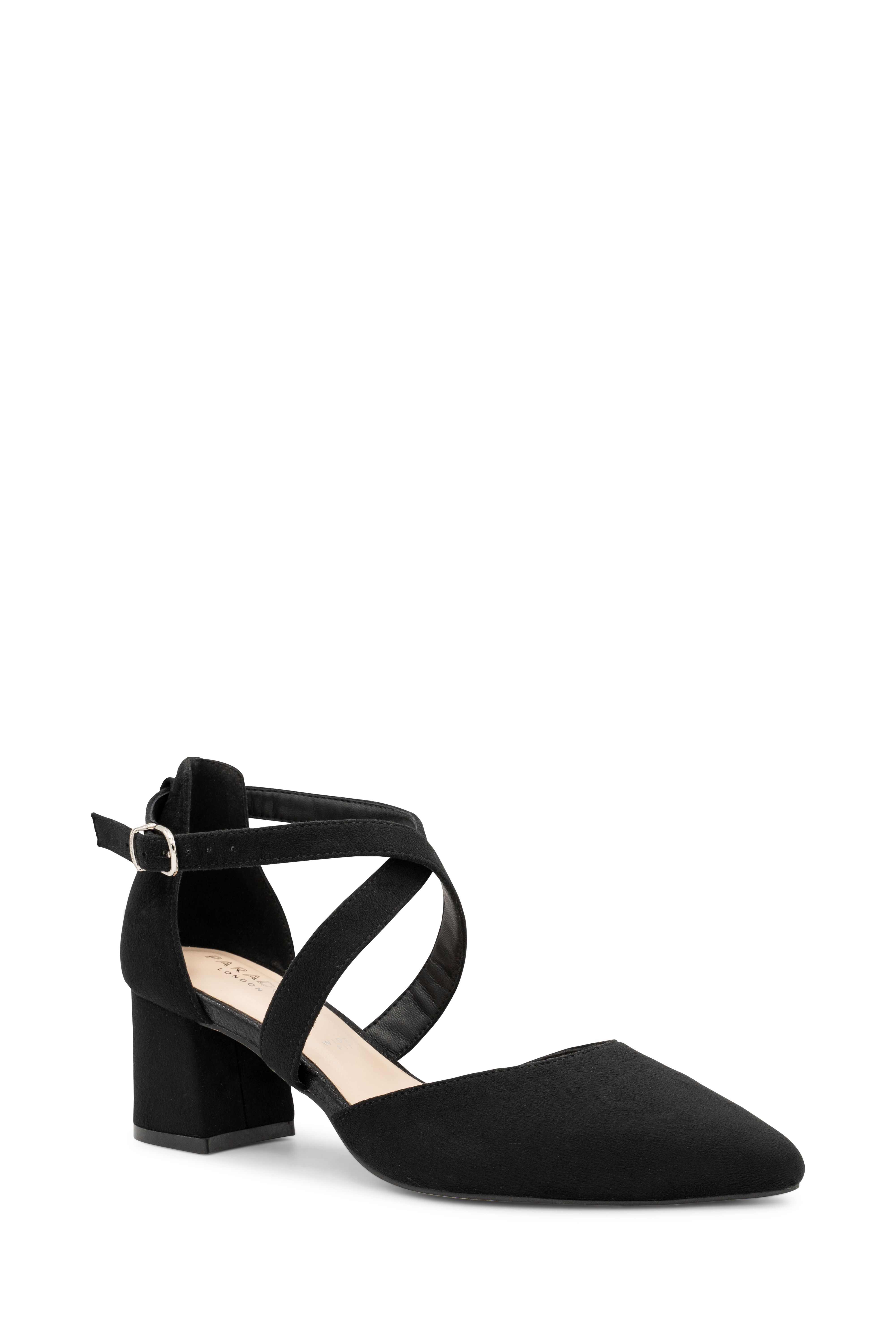 Paradox London Micro Suede 'Ffion' Wide Fit Mid Block Heel Cross Strap Court Shoe