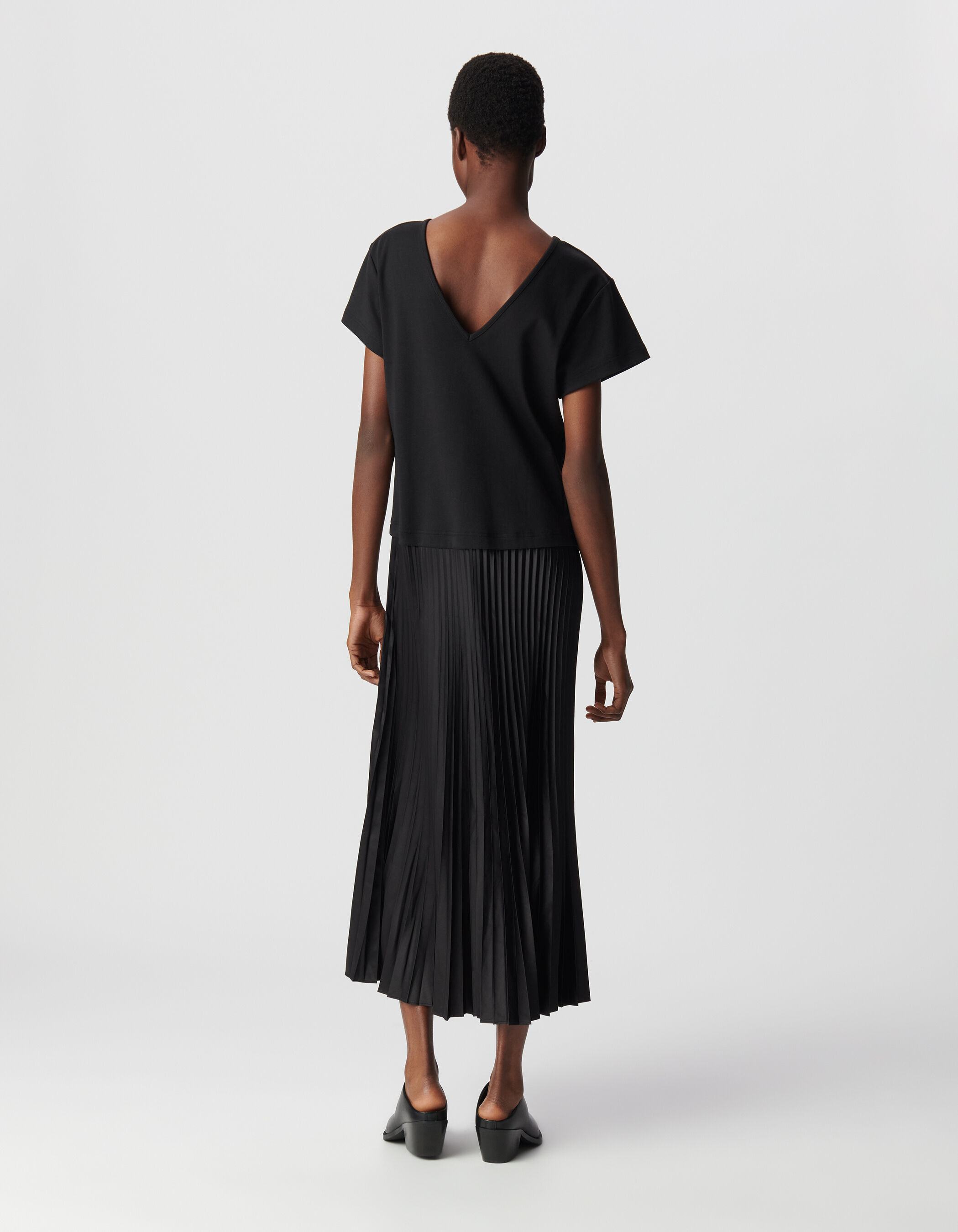 Robe longue noire bi-matière plissée Femme