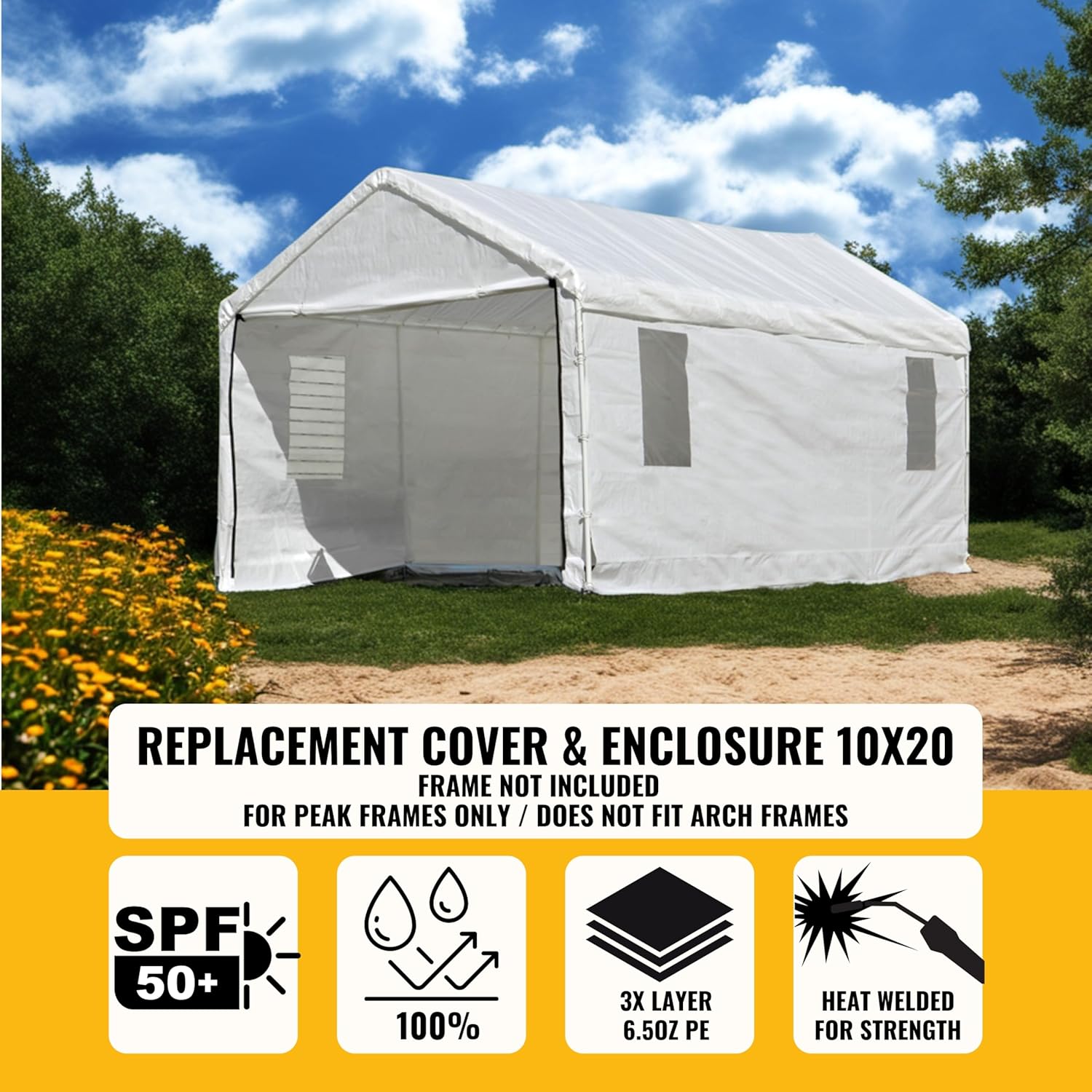 10x20 ft Carport Replacement Canopy Cover with Enclosure Kit - Heavy-Duty Waterproof Polyethylene Tarp with UV Protection, Easy Install Shelter Top with Sidewalls & Windows (Frame NOT Included)