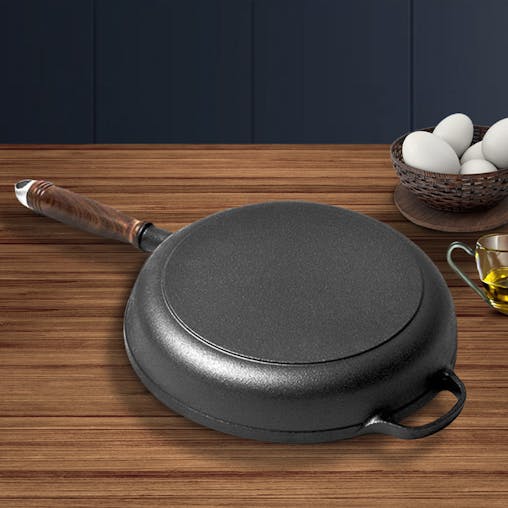 SOGA 29cm Round Cast Iron Frying Pan Skillet Steak Sizzle Platter with Helper Handle