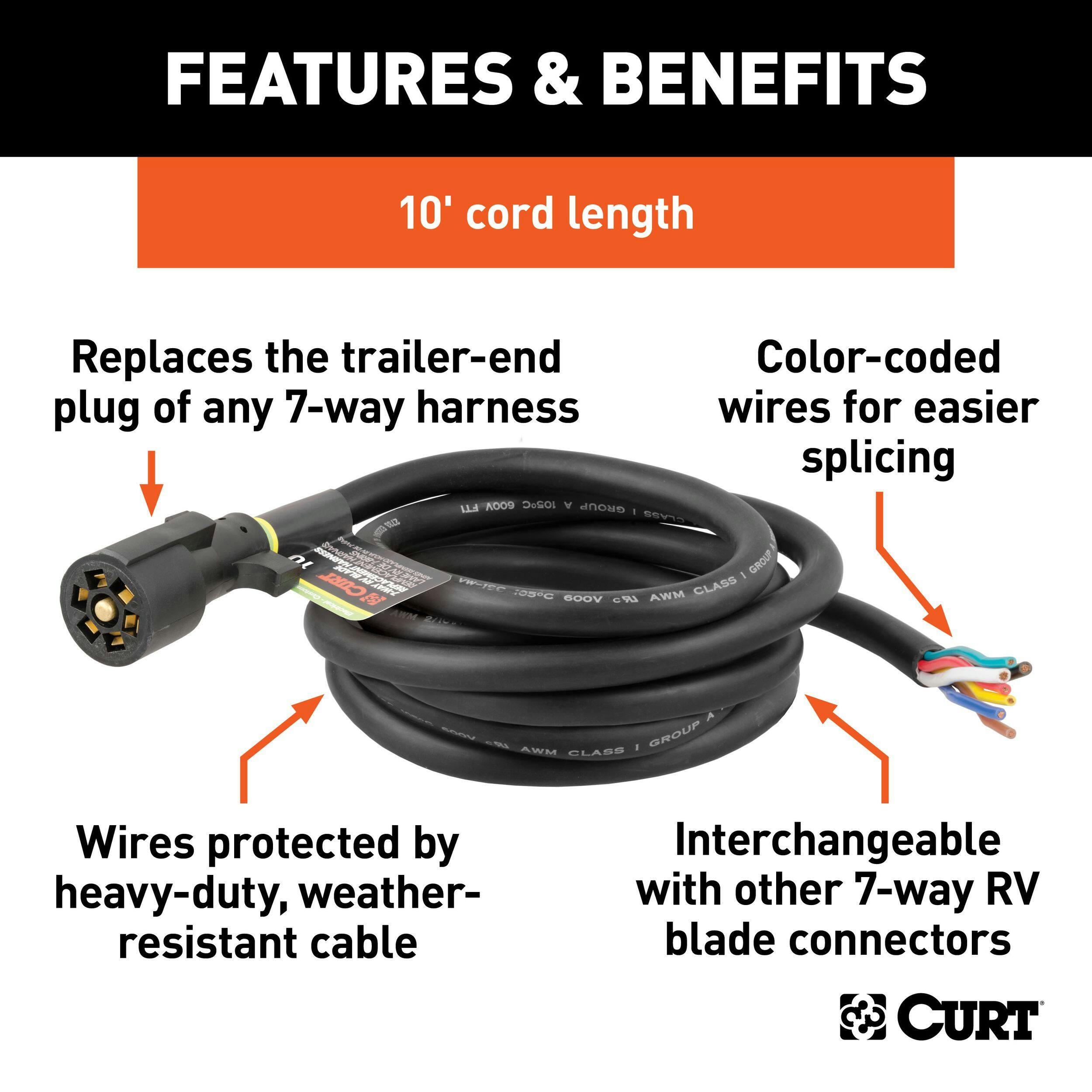 CURT 10-ft Replacement 7-Way RV Blade Harness (Trailer Side)