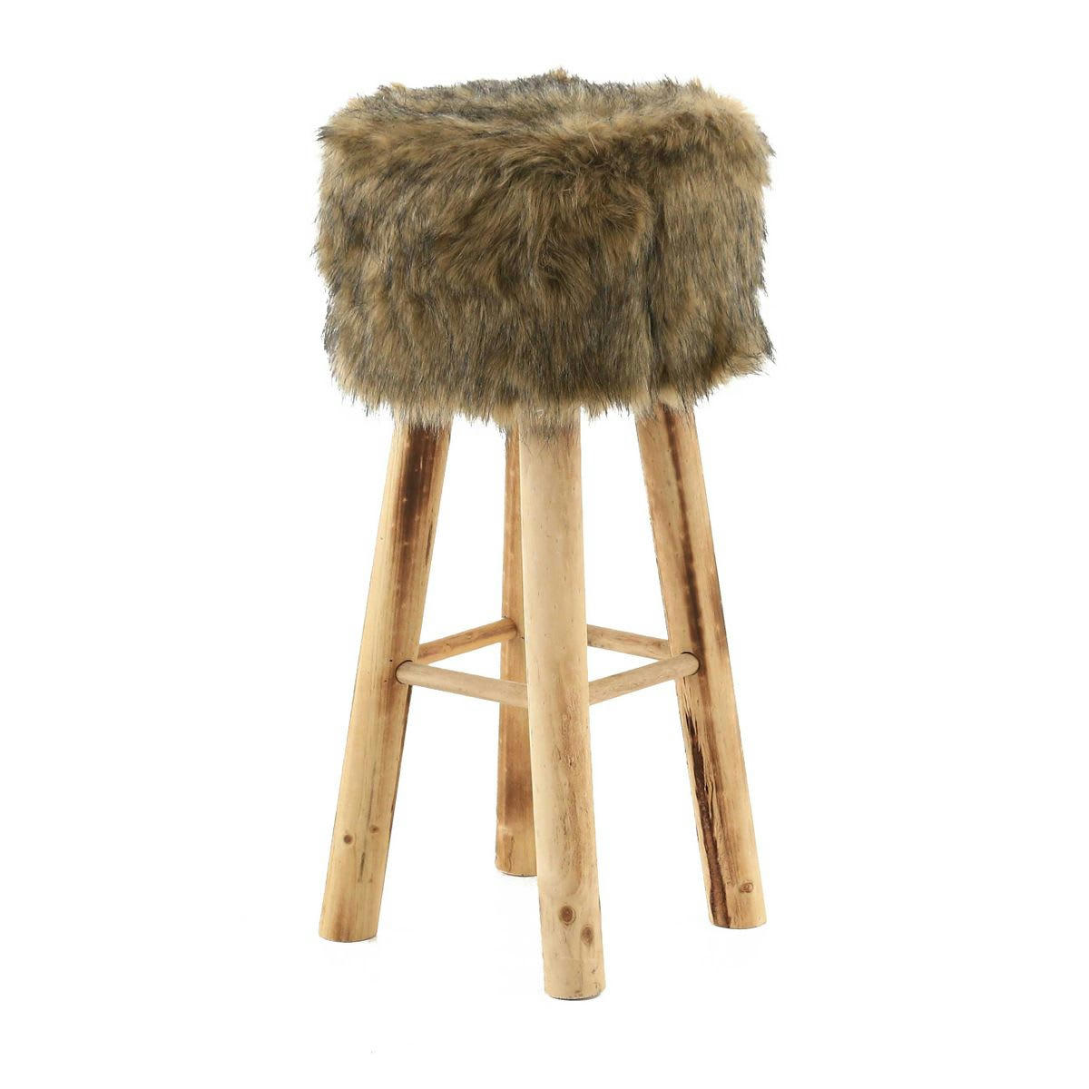 LASCO - Tabouret haut rond en fourrure synthétique marron et pin