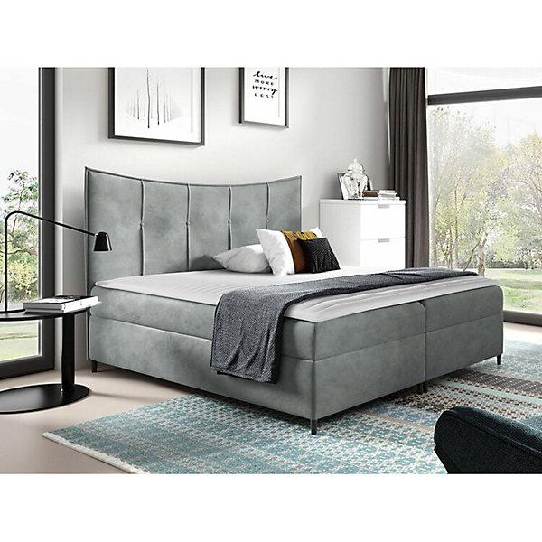 Lit continental Baltimore 178, Double, Gris, Tissu, Disponible