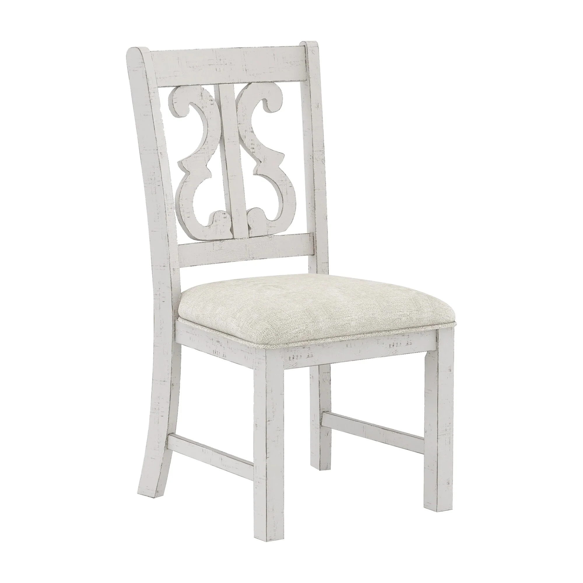 Eya 7pc Dining Table and Chair Set, Distressed White Wood, Gray Fabric