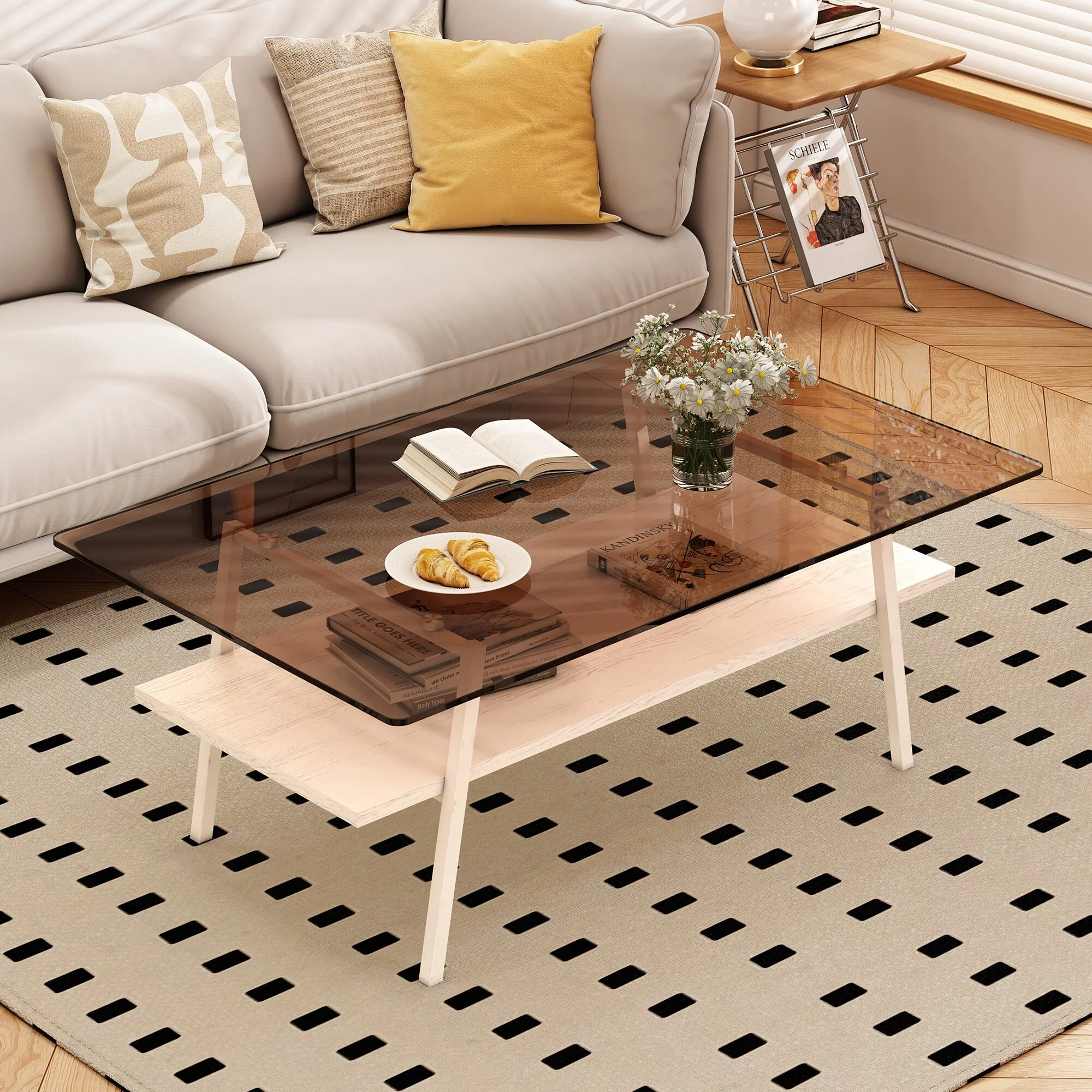 38x22'' Rectangle Coffee Table with Tempered Glass Tabletop