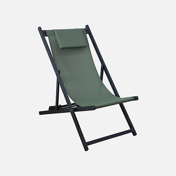 Lot de 2 bains de soleil kaki - Transat en aluminium avec coussin repose tête. chilienne