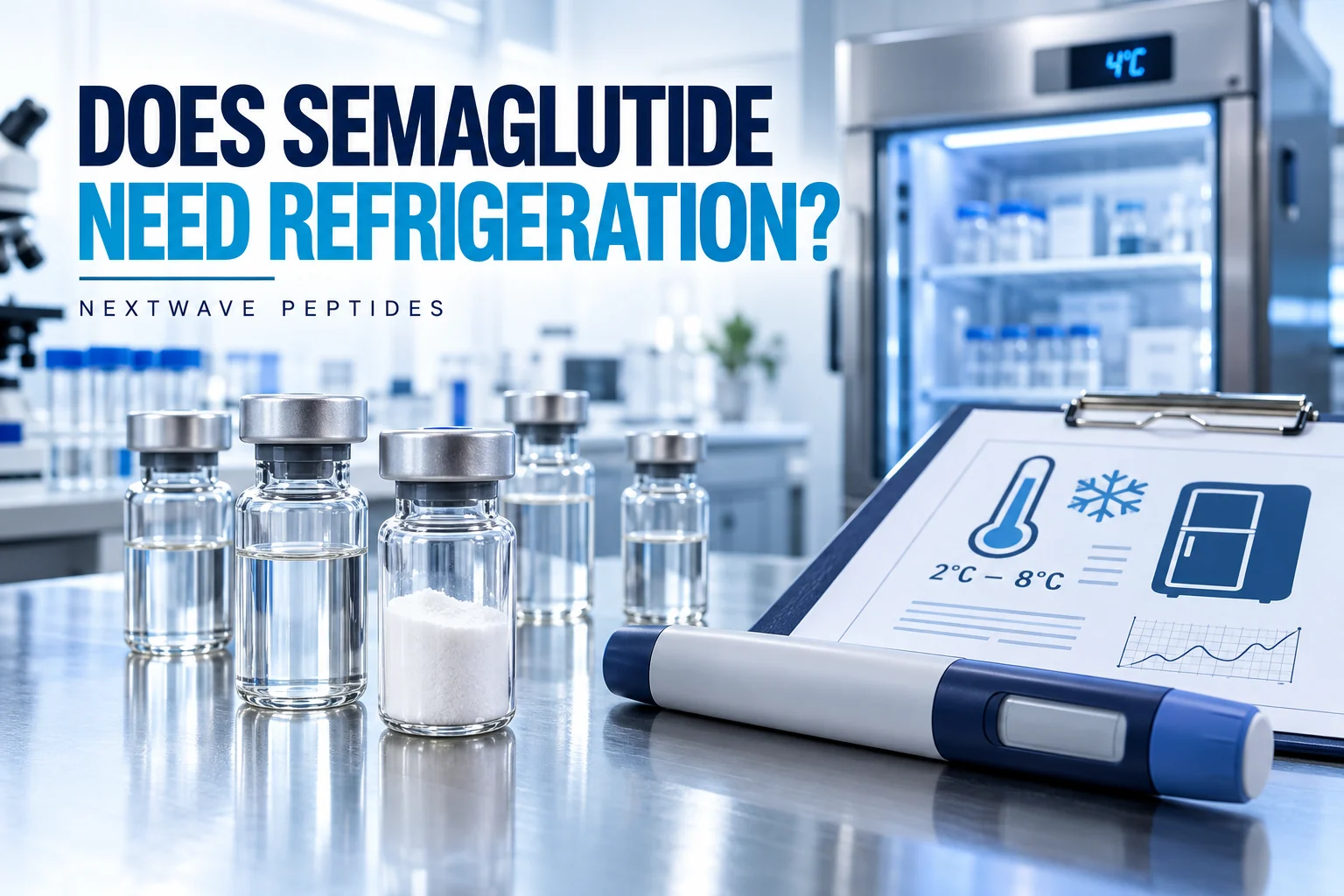 Semaglutide storage evidence shown with multiple research vials, a laboratory refrigerator, and a temperature record.