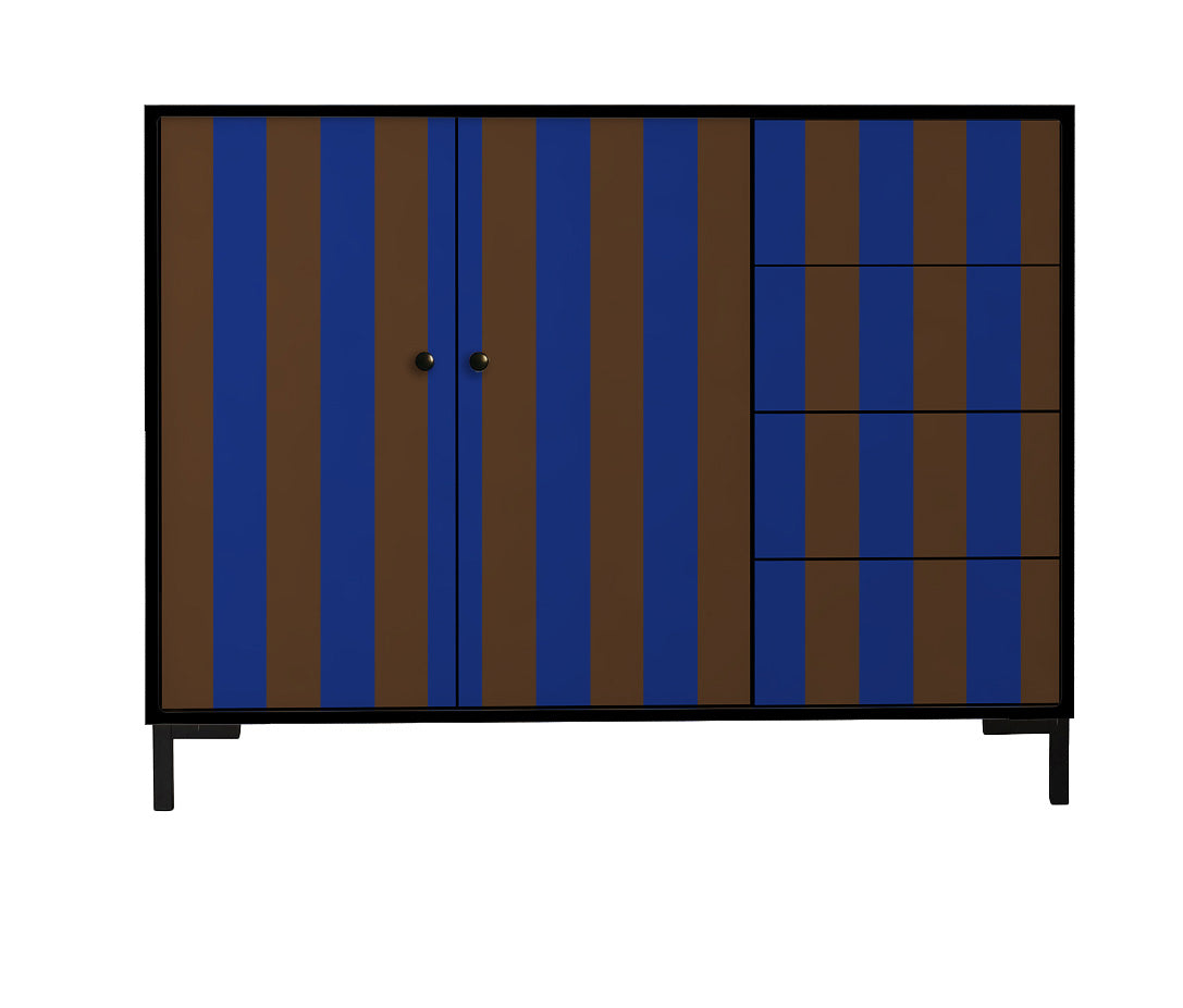 Laag dressoir van MDF met verticaal streeppatroon in blauw- en bruintinten