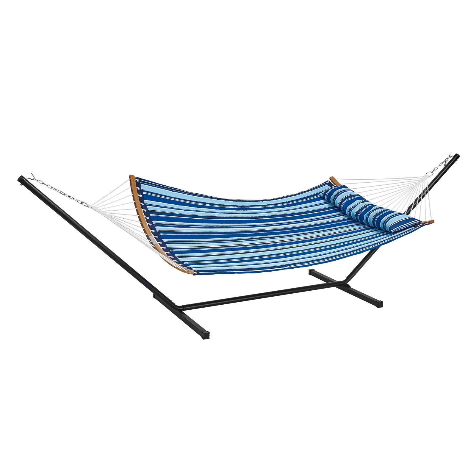 Blue White Stripe Cotton Polyester Hammock with T-Stand and Curved Bar - 55.1” L x 74.8” H