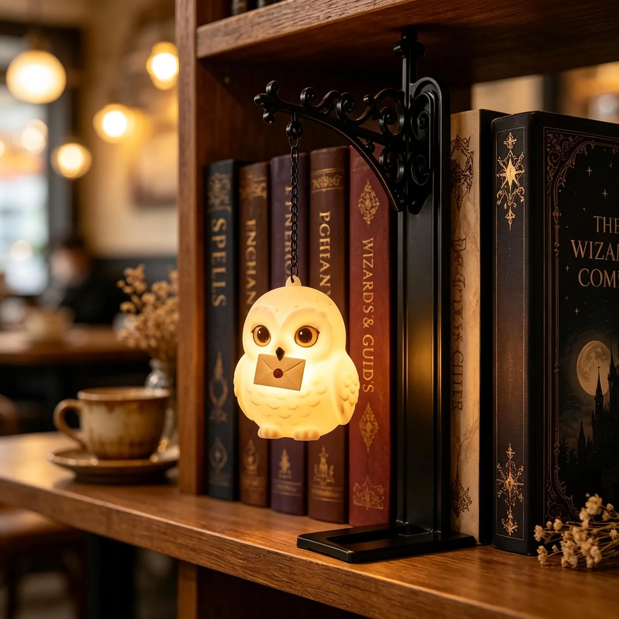 Magical Hanging Animal LED Night Light, Ornate Wrought Iron Bookend, Owl Deer Figurine, Cozy Reading Nook Decor, Unique Gift for Book Lovers