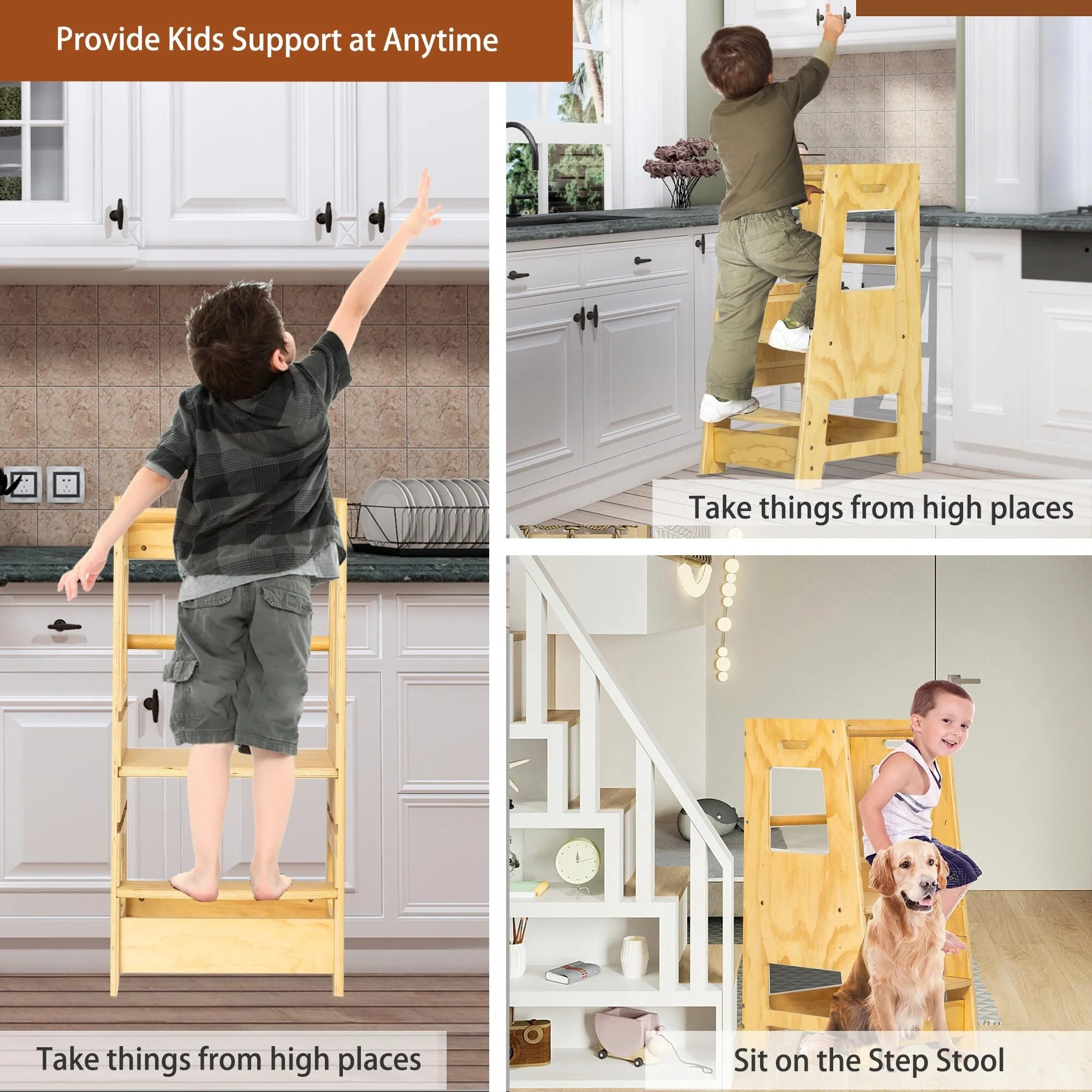 Toddler Standing Tower Kitchen Step Stool,Adjustable Height Learning Stool, Helper Removable Anti-Drop Safety Rail Stool