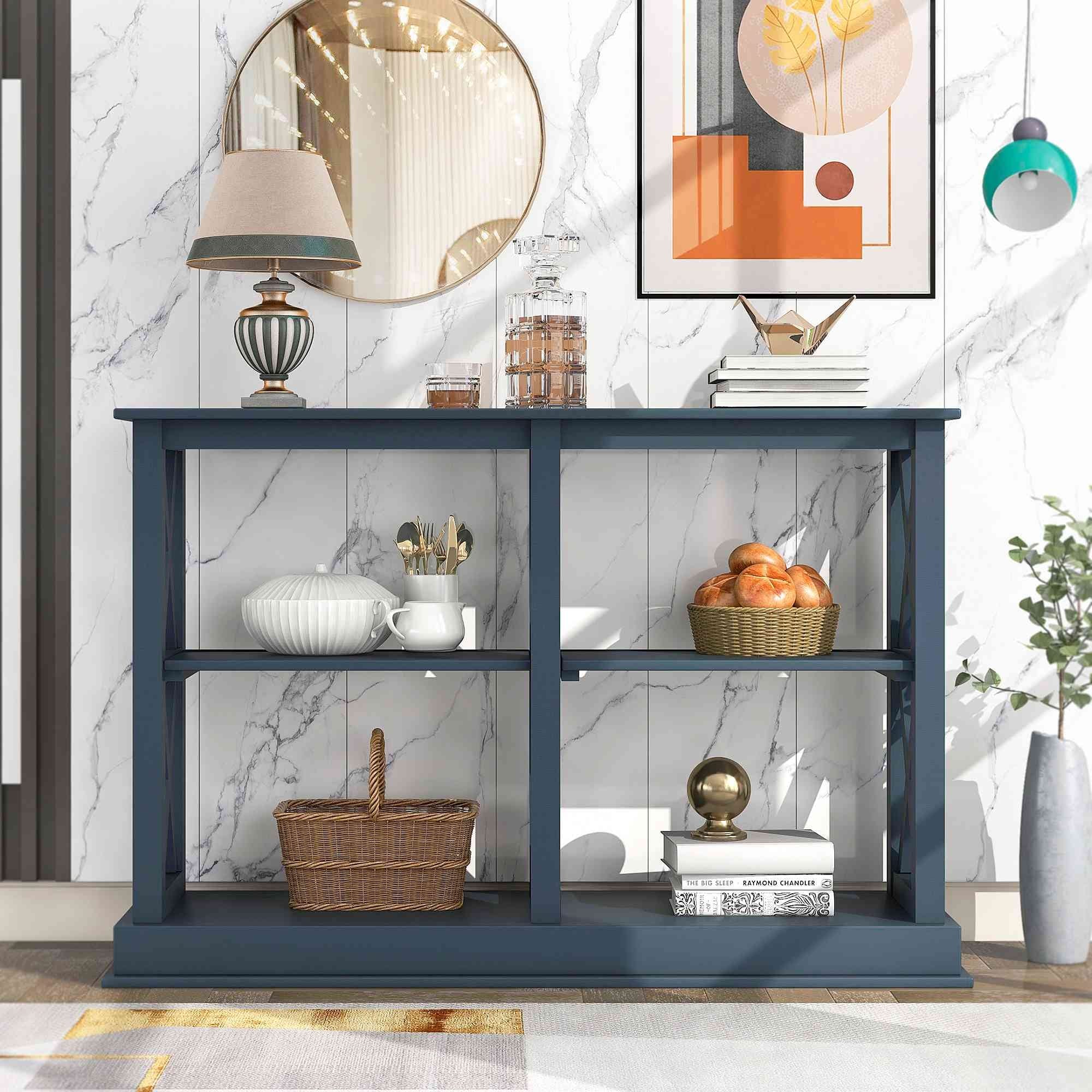 46.5L Console Table with 3-Tier Open Storage Spaces and X Legs, Narrow Sofa Entry Table
