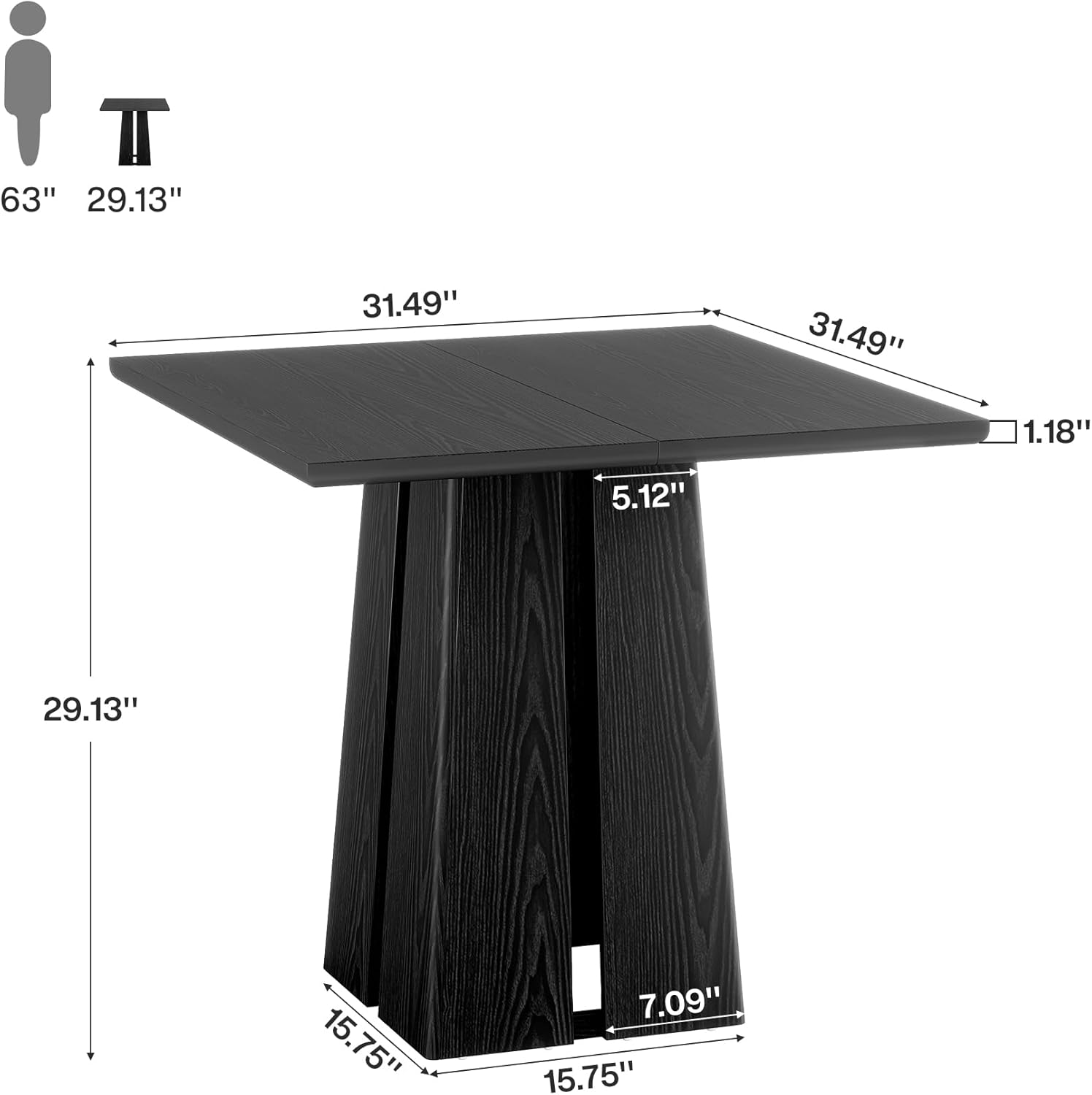 LITTLE TREE Wooden Square Dining Table 4 Sets, 31.5 Farmhouse Kitchen Table with Heavy-Duty Pedestal Base, Dinner Furniture for Dining Room, Living Room, Kitchen (1, Black)
