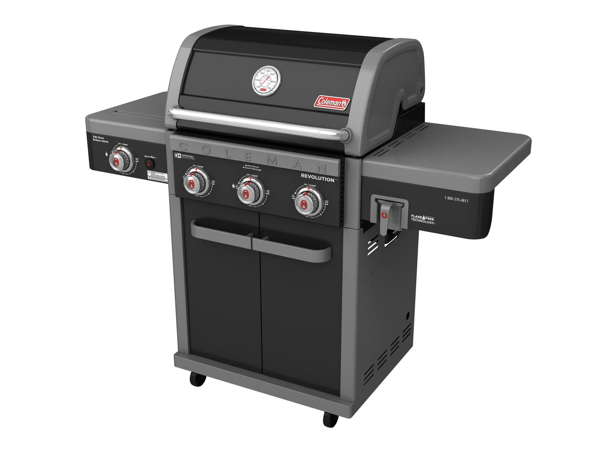 Coleman Revolution 3-Burner Convertible Propane Gas BBQ Grill with Side Shelves