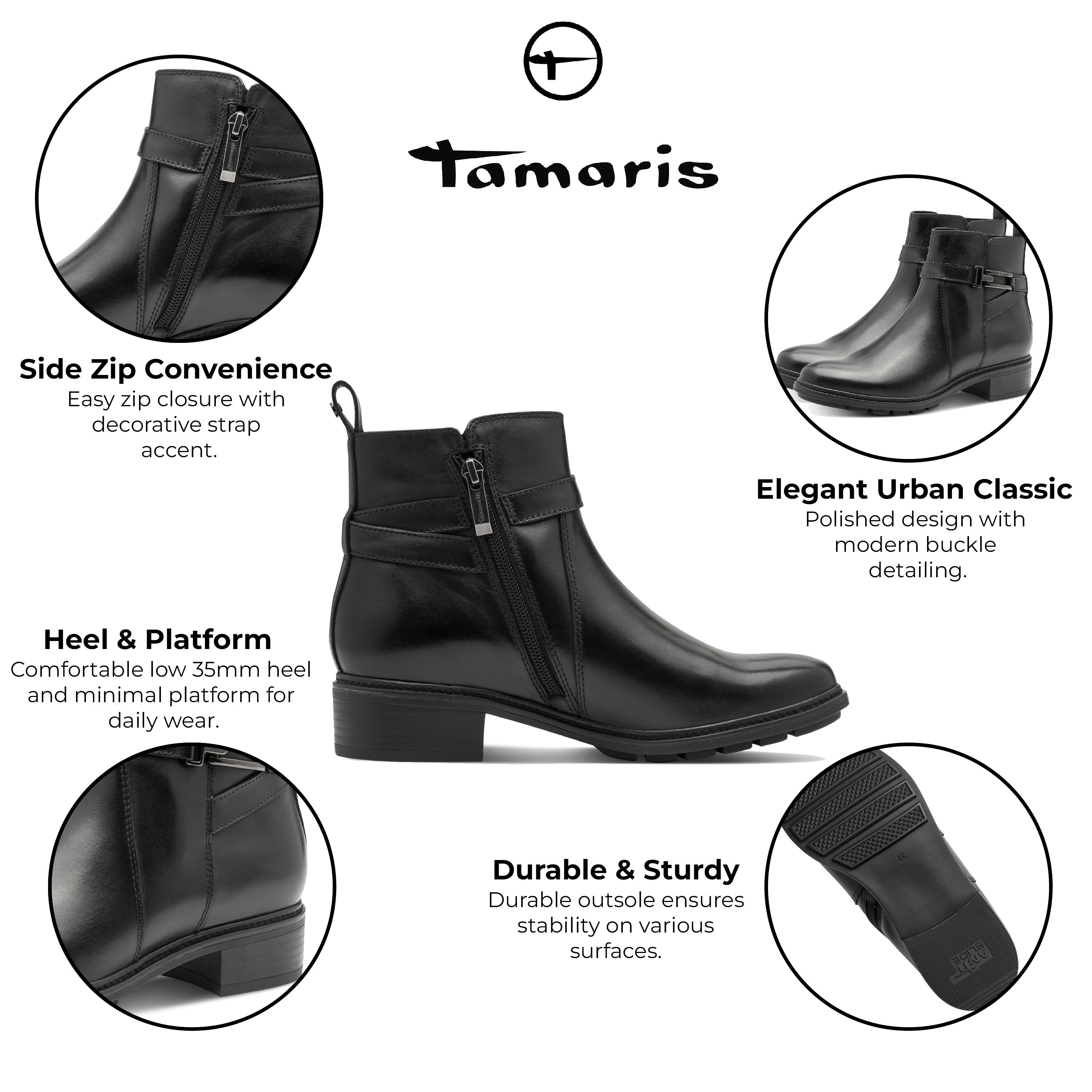 Infinity Leather Tamaris Leather Buckled Zip Biker Ankle Boots
