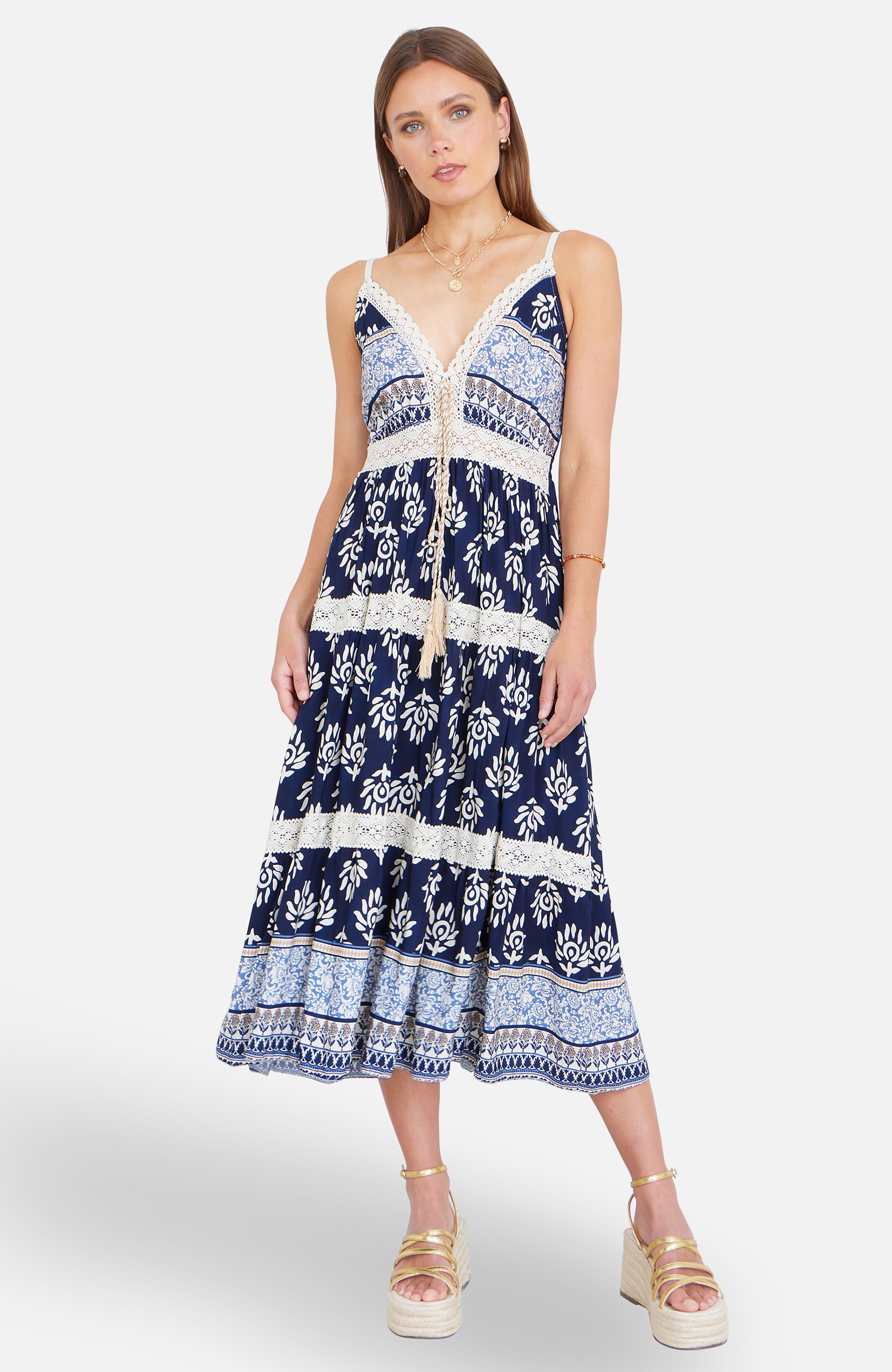 Yumi Navy Viscose Paisley Print Midi Sun Dress