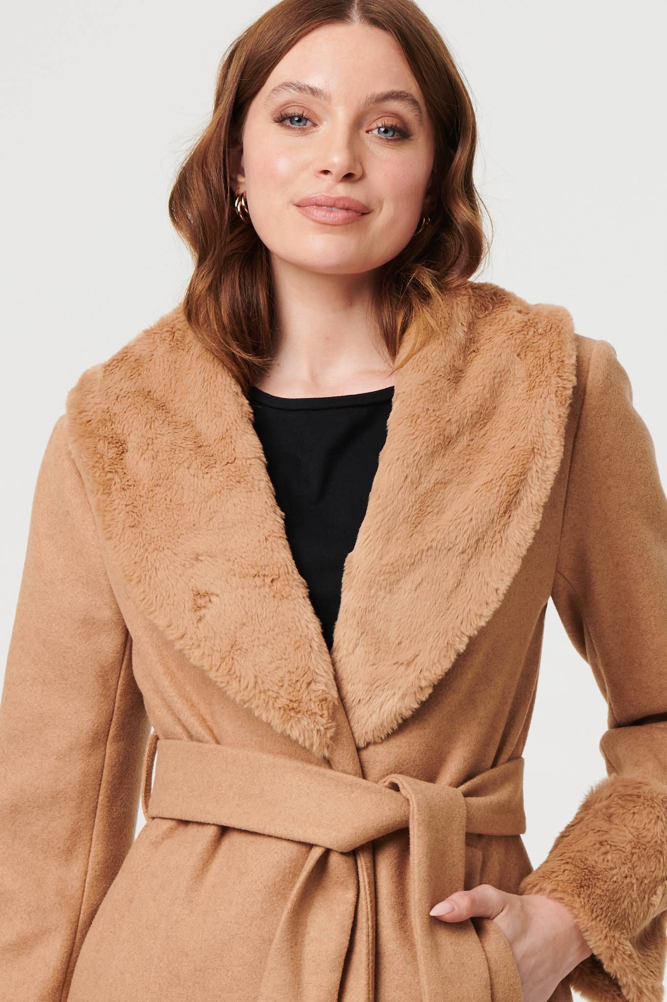 Izabel London Faux Fur Trim Tie Waist Longline Coat