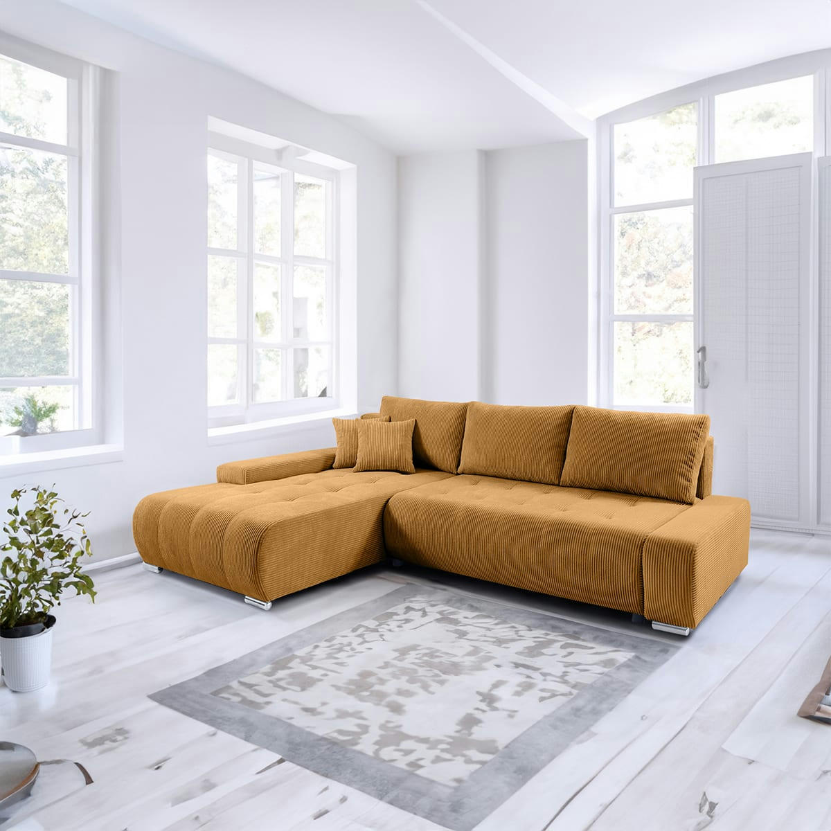 - Canapé d'angle convertible gauche 4 places coffre velours côtelé jaune