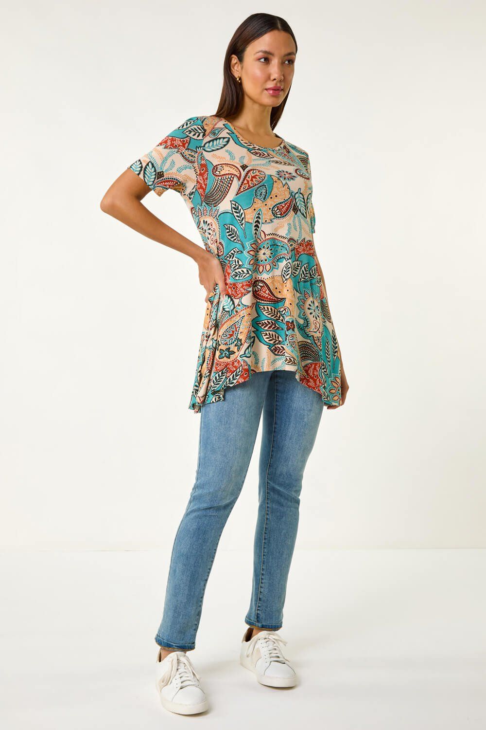 Roman Floral Print Hanky Hem Tunic Top
