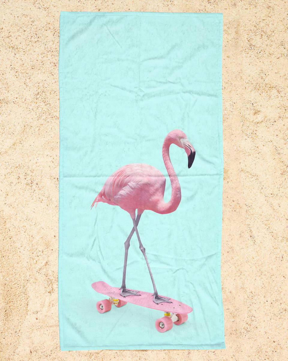 SKATE FLAMINGO - Serviette de plage en éponge-velours en bleu & rose 90x180