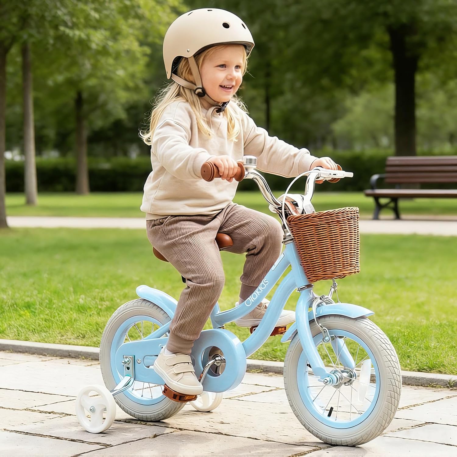 Olakids Kids Bike, 12 14 16 18 20 Inch Toddlers Bike with Training Wheels Rattan Basket Safety Bell Adjustable Seat and Handlebar, Children's Bicycle for Girls Boys