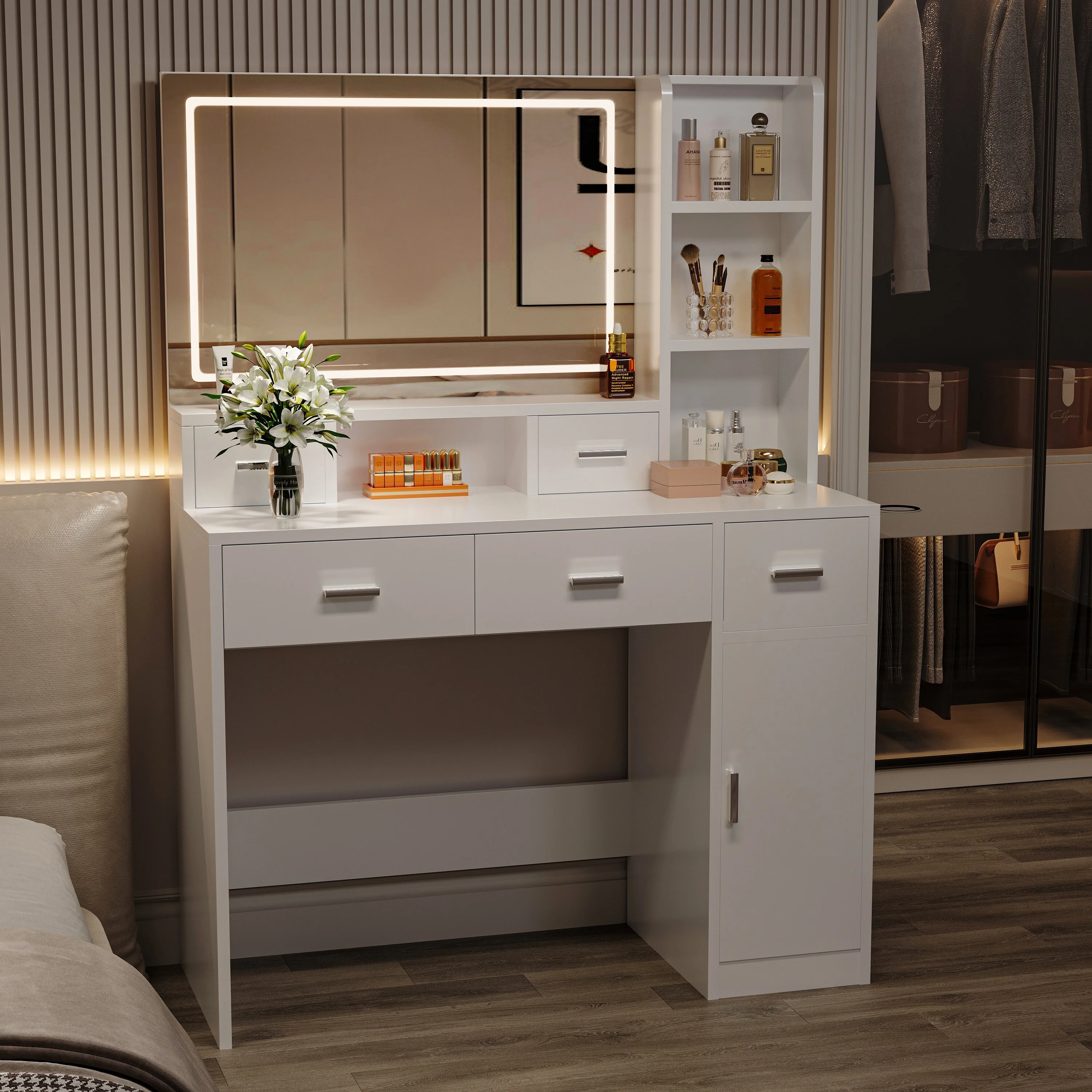 LED 3-Color Illuminated Dressing Table with Power Outlet, Vanity Table Set with Cushioned Stool, 3 Drawers & 3 Open Shelves