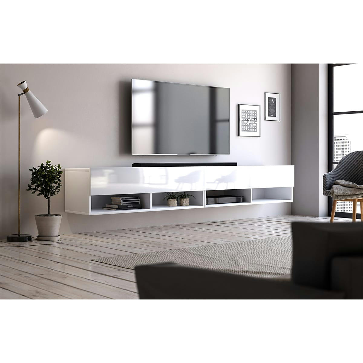 DERBY 280 - Meuble tv mural 2 portes 280 cm blanc
