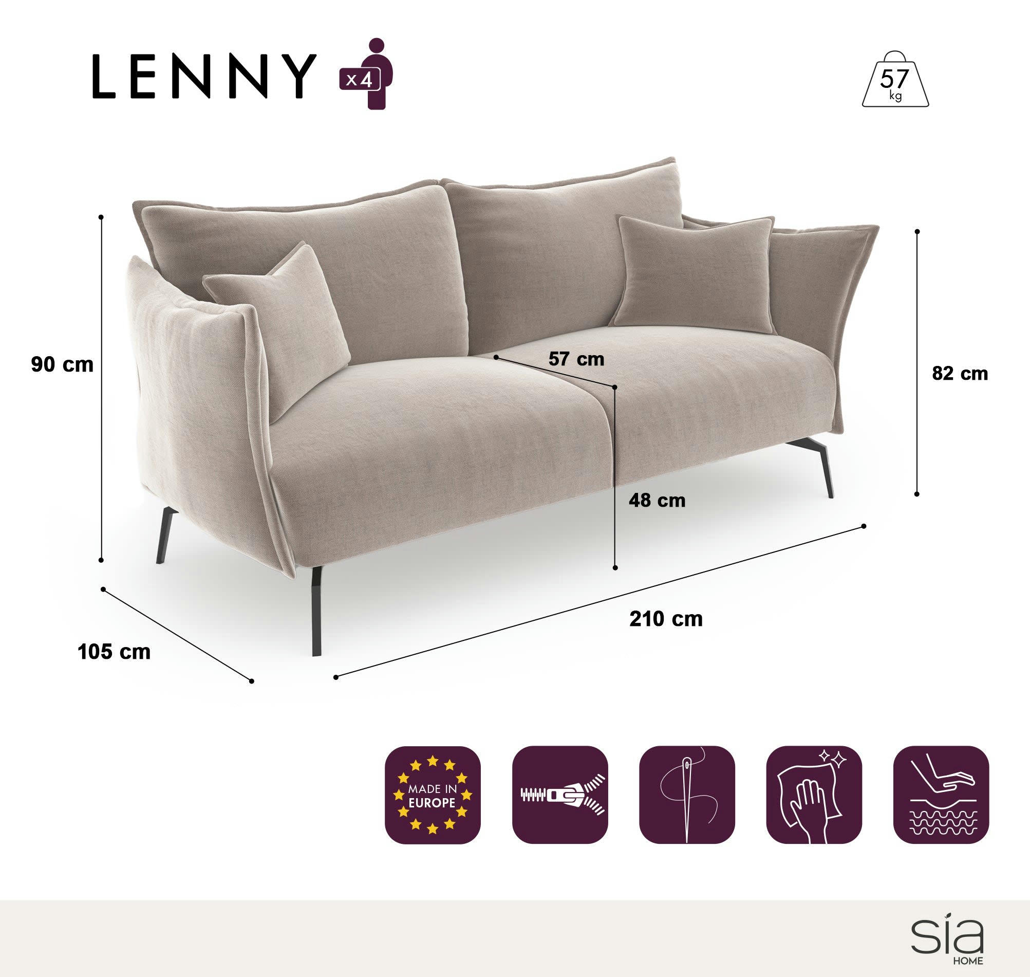 LENNY - Canapé 4 places tissu effet cuir vintage gris étain