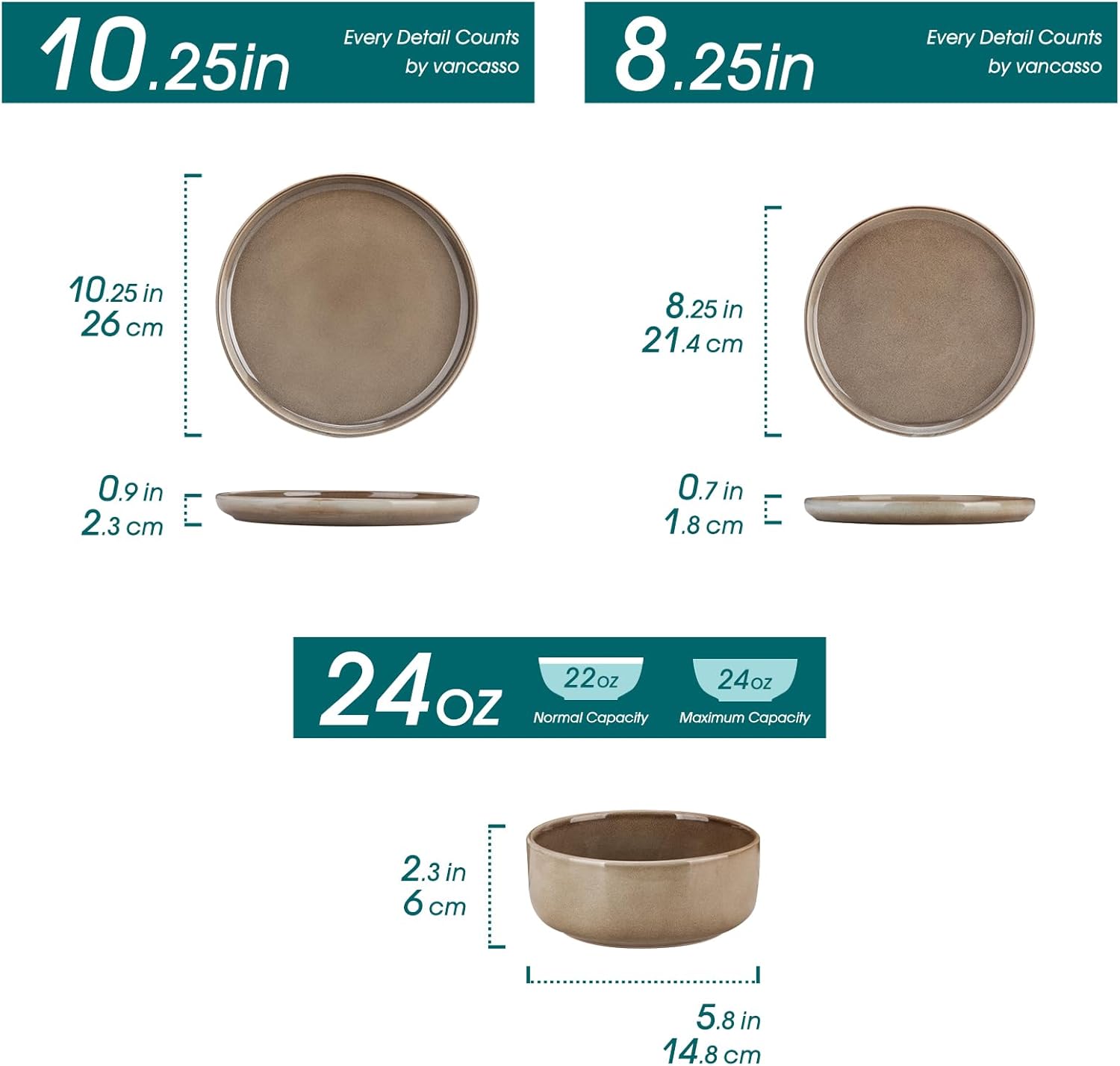 vancasso PLAYA Plates and Bowls Sets, 18 Pieces Dark Brown Dinnerware Sets for Kitchen, Reactive Glaze Dishes Set for 6, Dishwasher and Microwave Safe