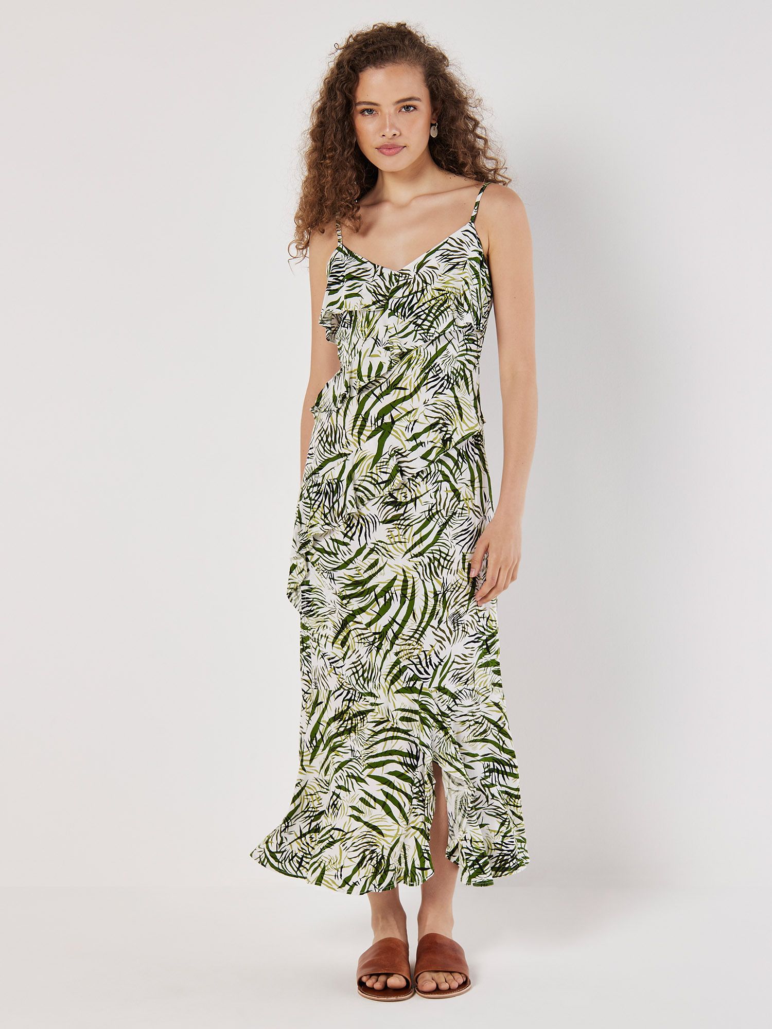 Apricot Tropical Zebra Ruffle Tiered Midi Dress