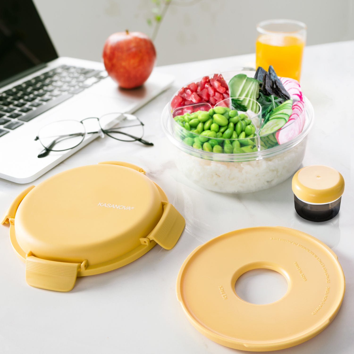 Lunch box per poke tonda a scomparti giallo