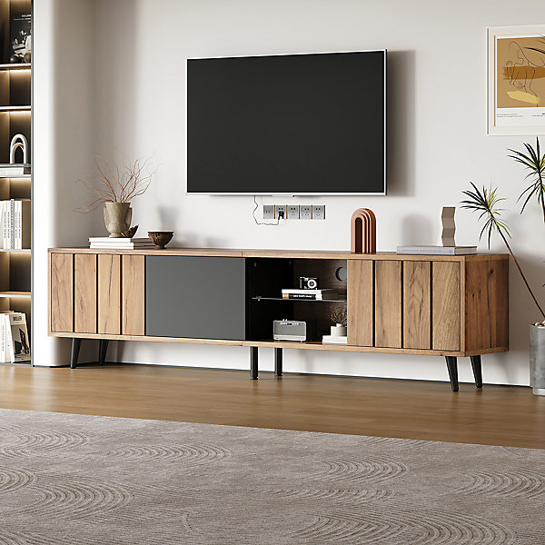 Meuble TV bas pour salon,175x31,5x45cm,couleur bois d'origine   raccords noirs, 3 armoires, convient TV 75 pouces