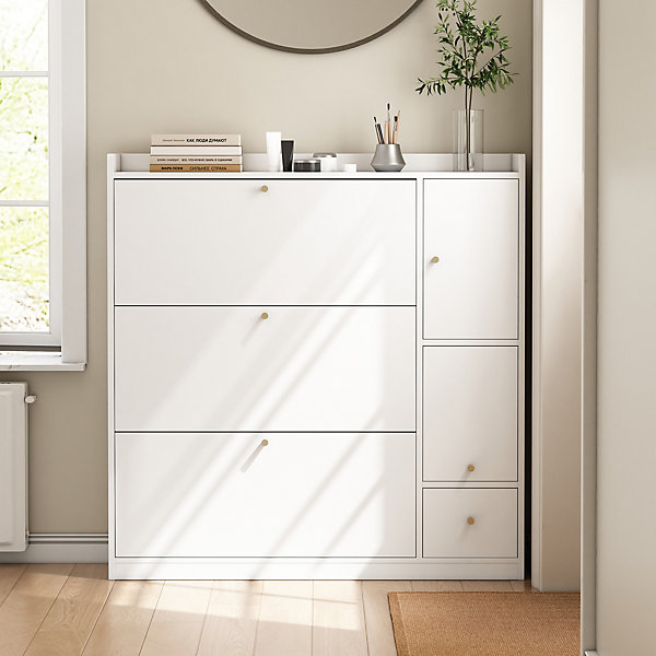 Meuble à chaussures 119 cm avec 3 portes basculantes, étagères réglables et banquette rabattable, blanc