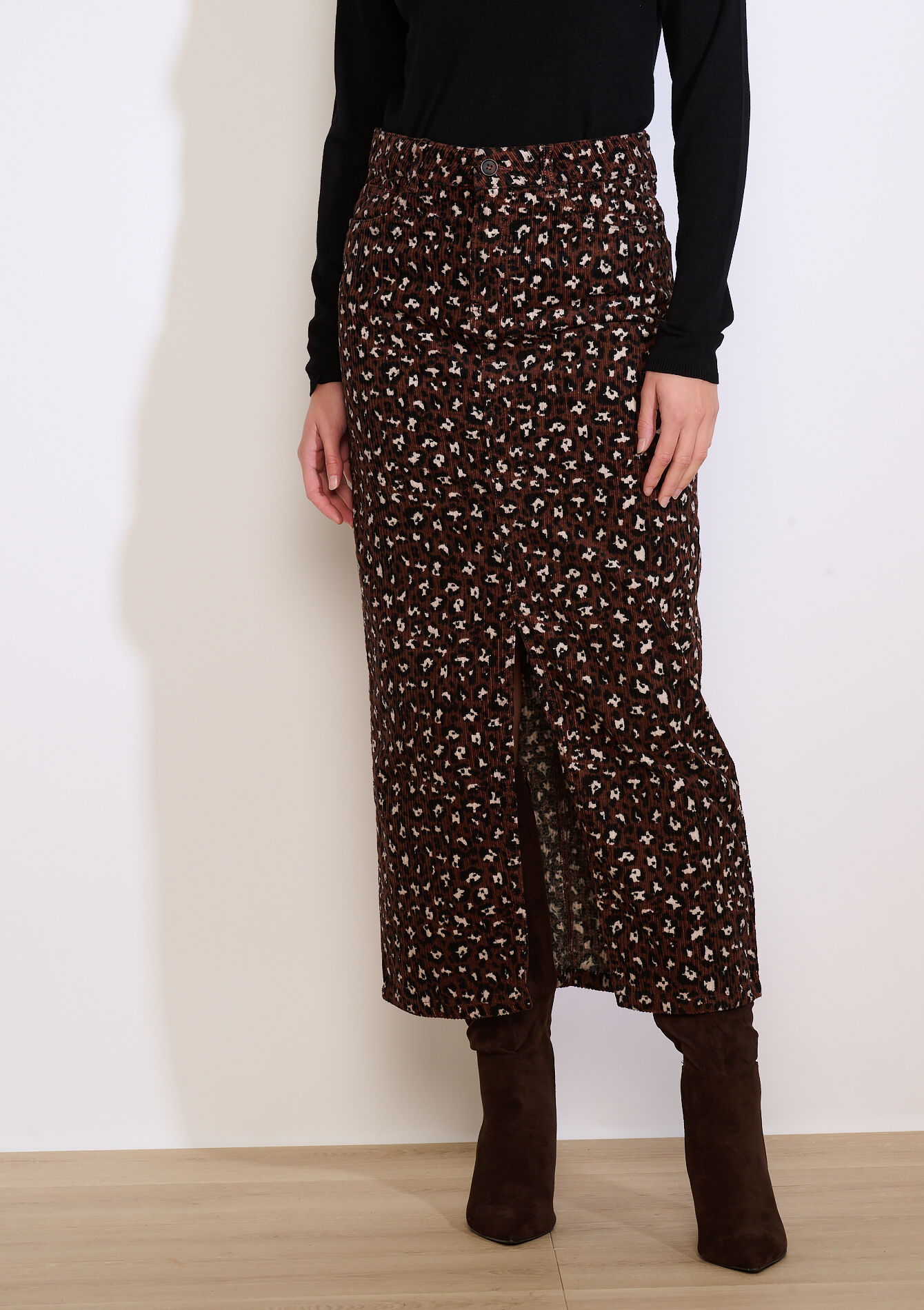Maxi cordrok met luipaardprint