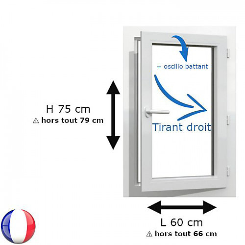 Fenêtre PVC 1 vantail H 75 x L 60 cm OB pour pose en neuf avec poignée - tirant droit