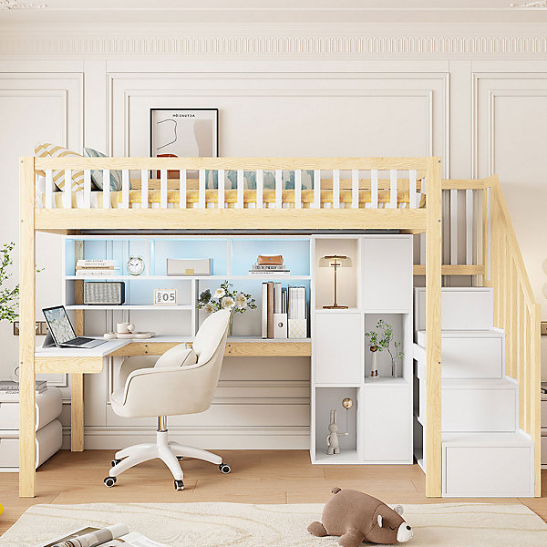 Lit Mezzanine 90 x 200 cm - Lit Simple avec Bureau, Placard et étagères, LED Intégrée - Bois Blanc Nature