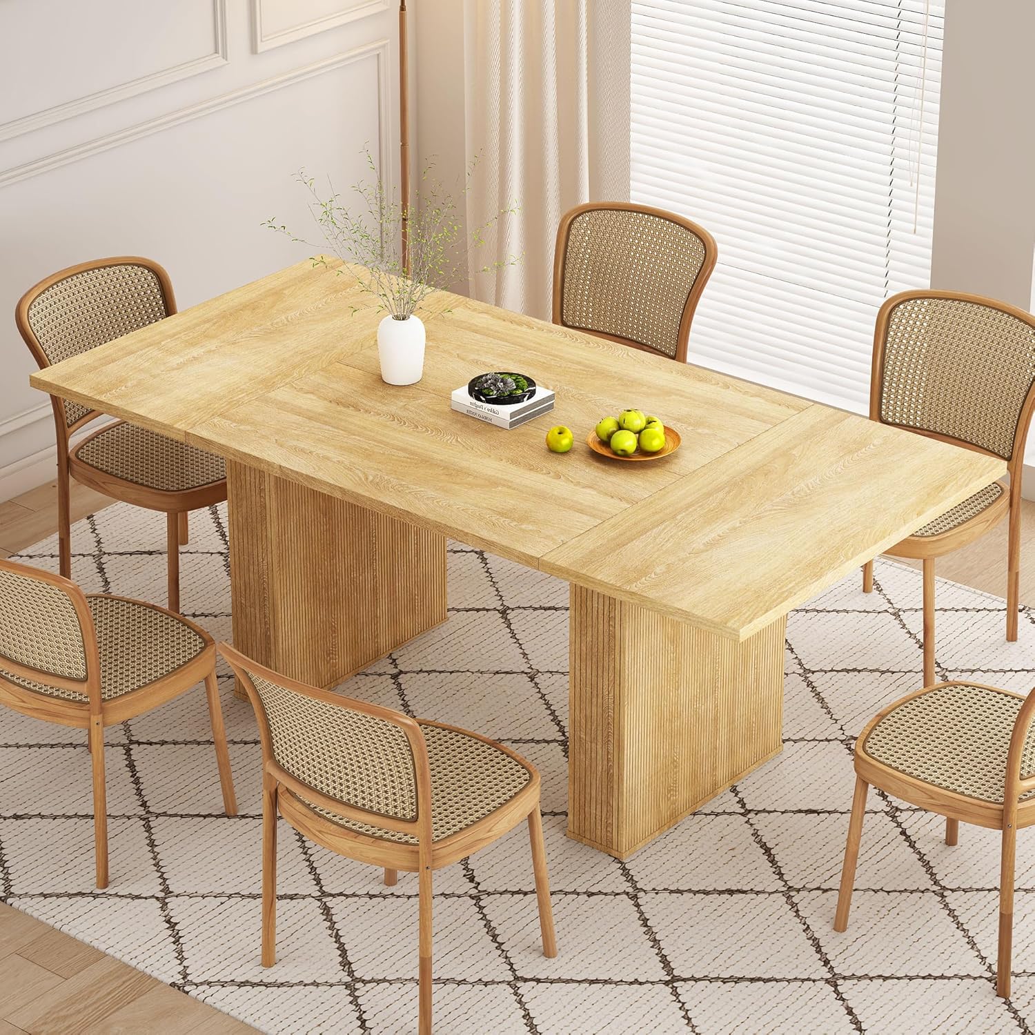 78 Inch Rectangular Dining Table for 6 to 10, Farmhouse Fluted Dining Kitchen Table, Modern Wood Long Dining Table for Kitchen Living Room, Natural