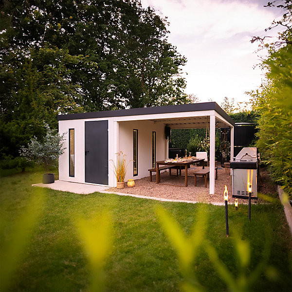 Abri de jardin en métal finition crépi 2900 x 3560 mm blanc avec auvent à droite 2000 x 3560 mm anthracite