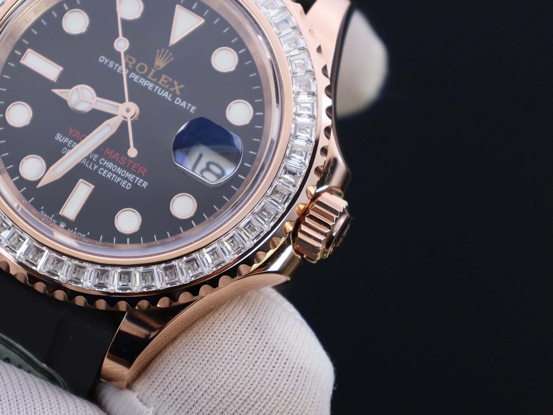 Rolex Yacht-Master RG Plated Black Dial Baguette Diamond 40mm Oysterflex Super Clone